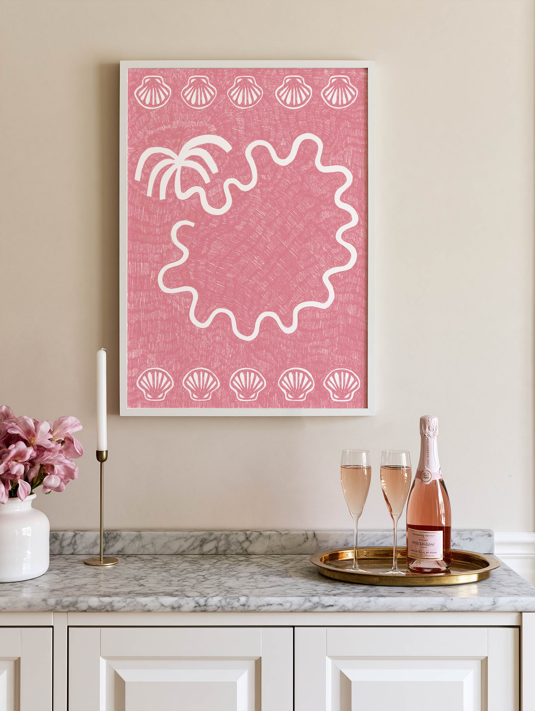 Shatha Al Dafai - Shells and Palm Tree – Baby Pink Poster