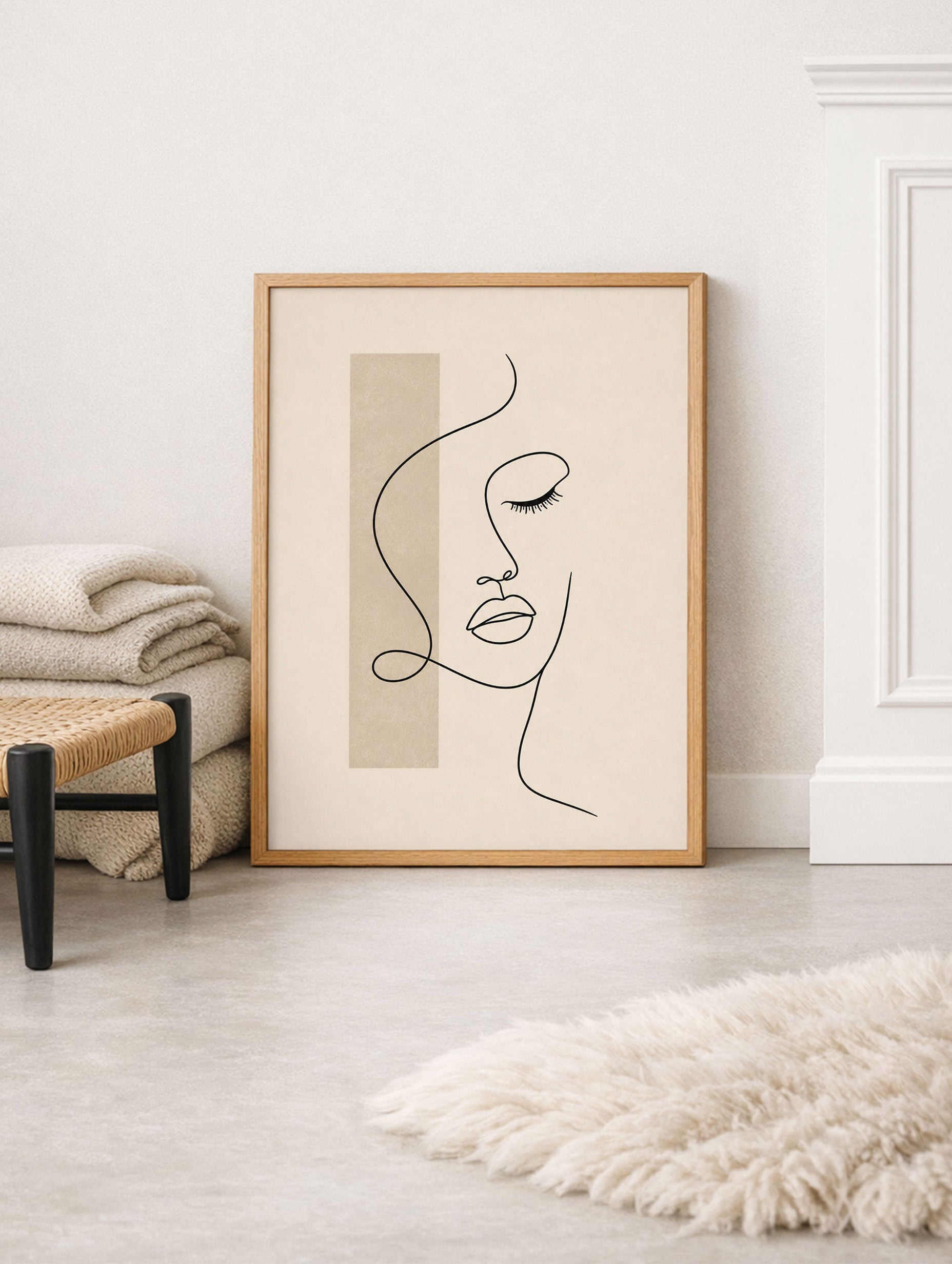 Minimal Face Line Art on Warm Beige