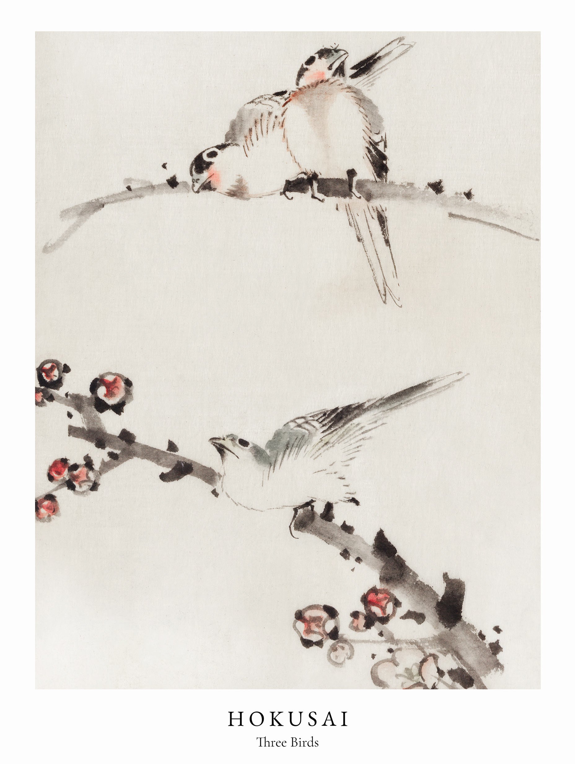 Three Birds Perched on Branches - Katsushika Hokusai