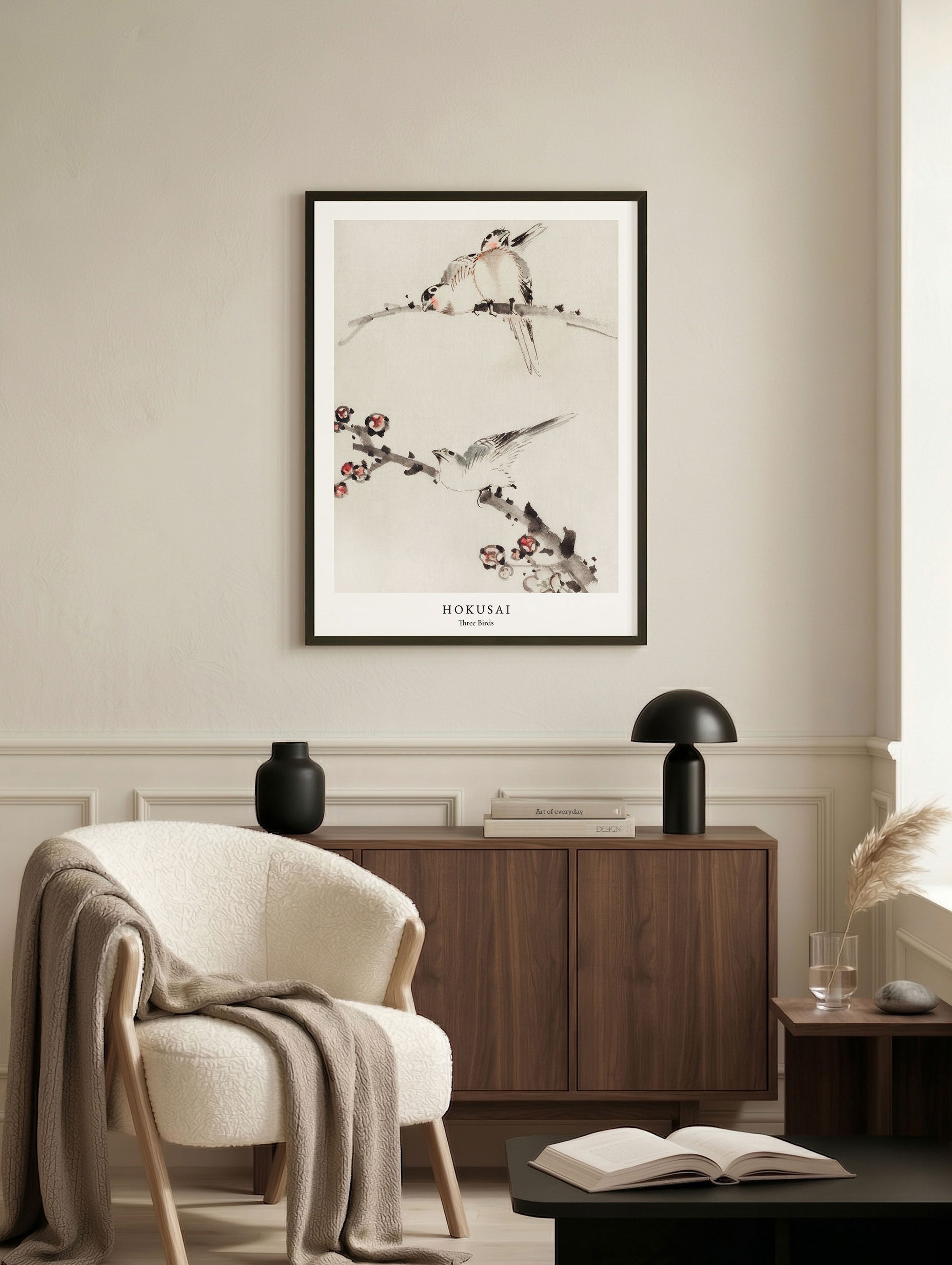 Three Birds Perched on Branches - Katsushika Hokusai