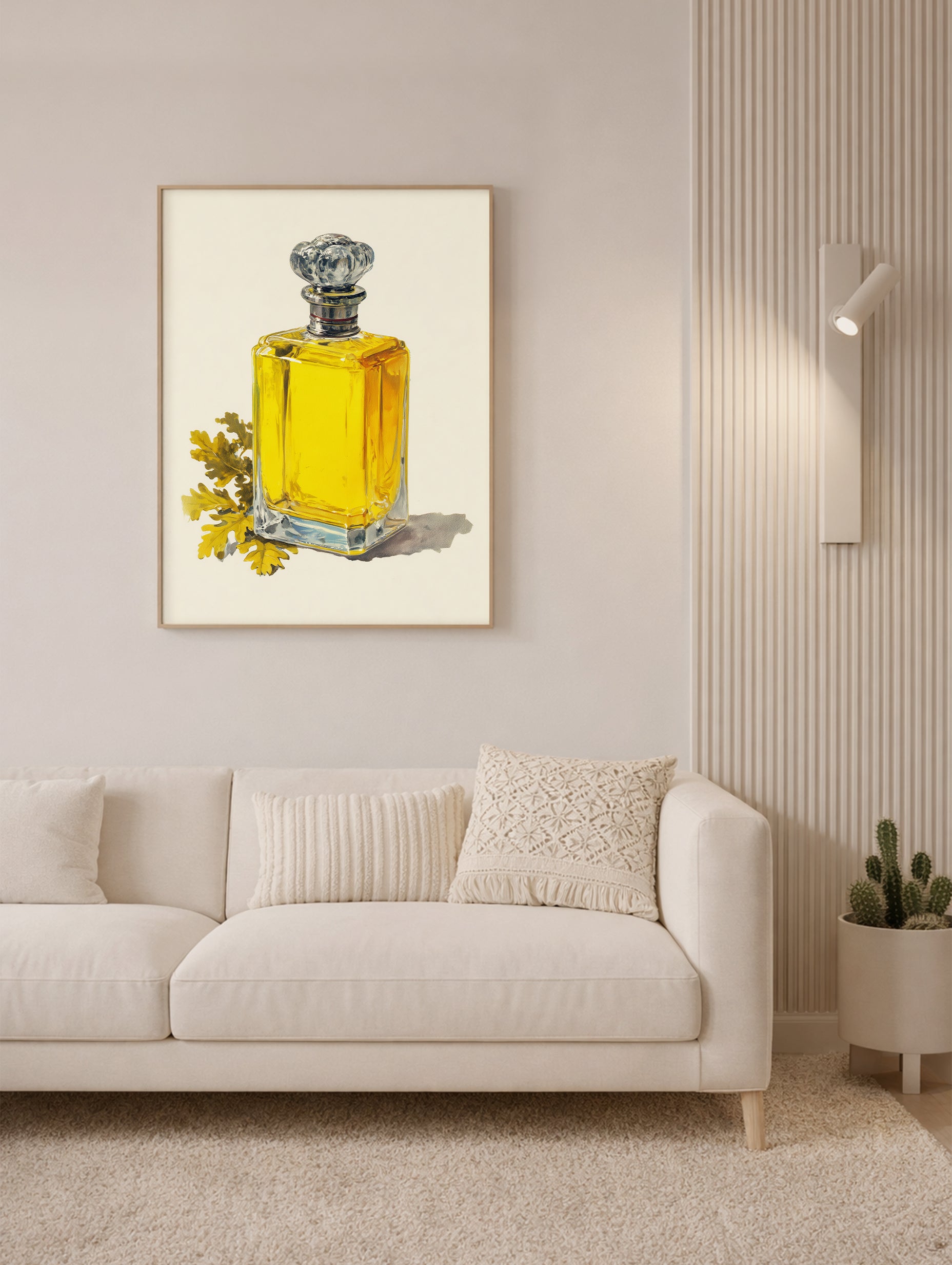 Minimalistisk plakat med gul parfymeflaske