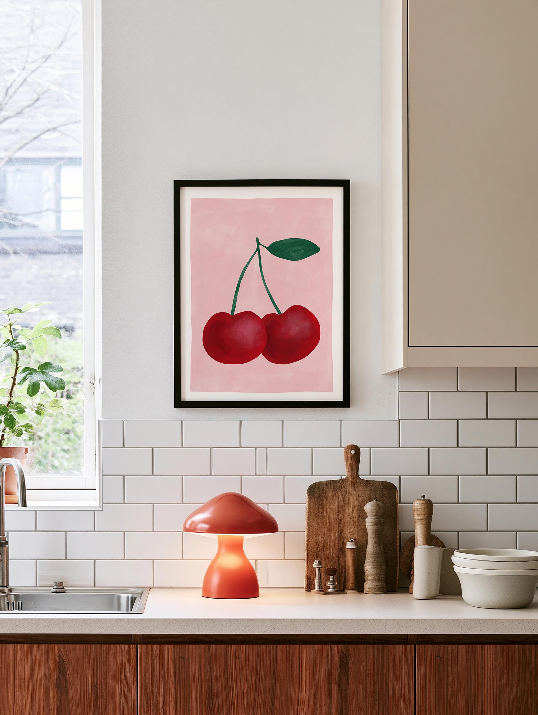 Elena Ristova - Red Cherries with a Green Leaf Poster