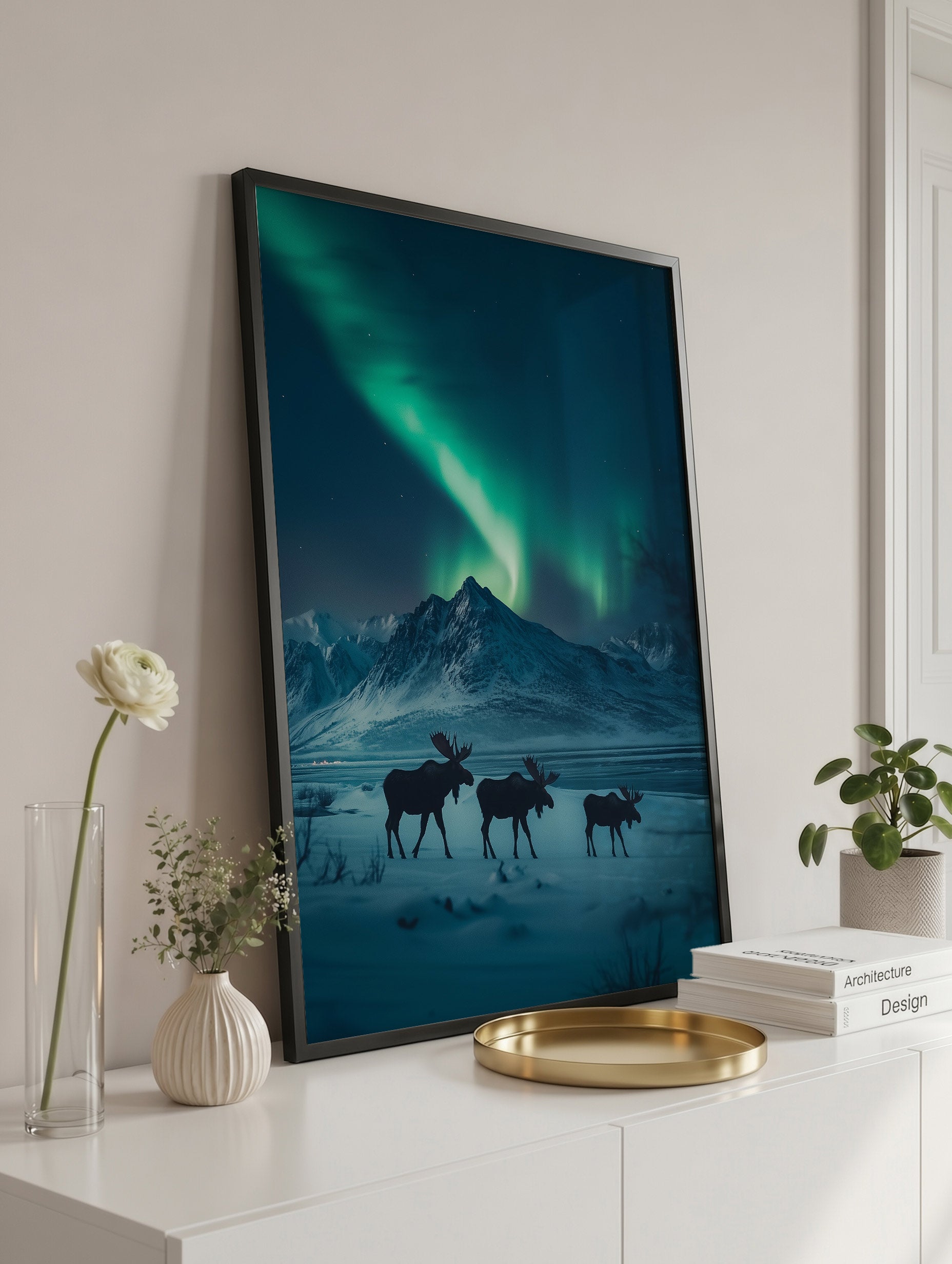 Plakat med elg under nordlys