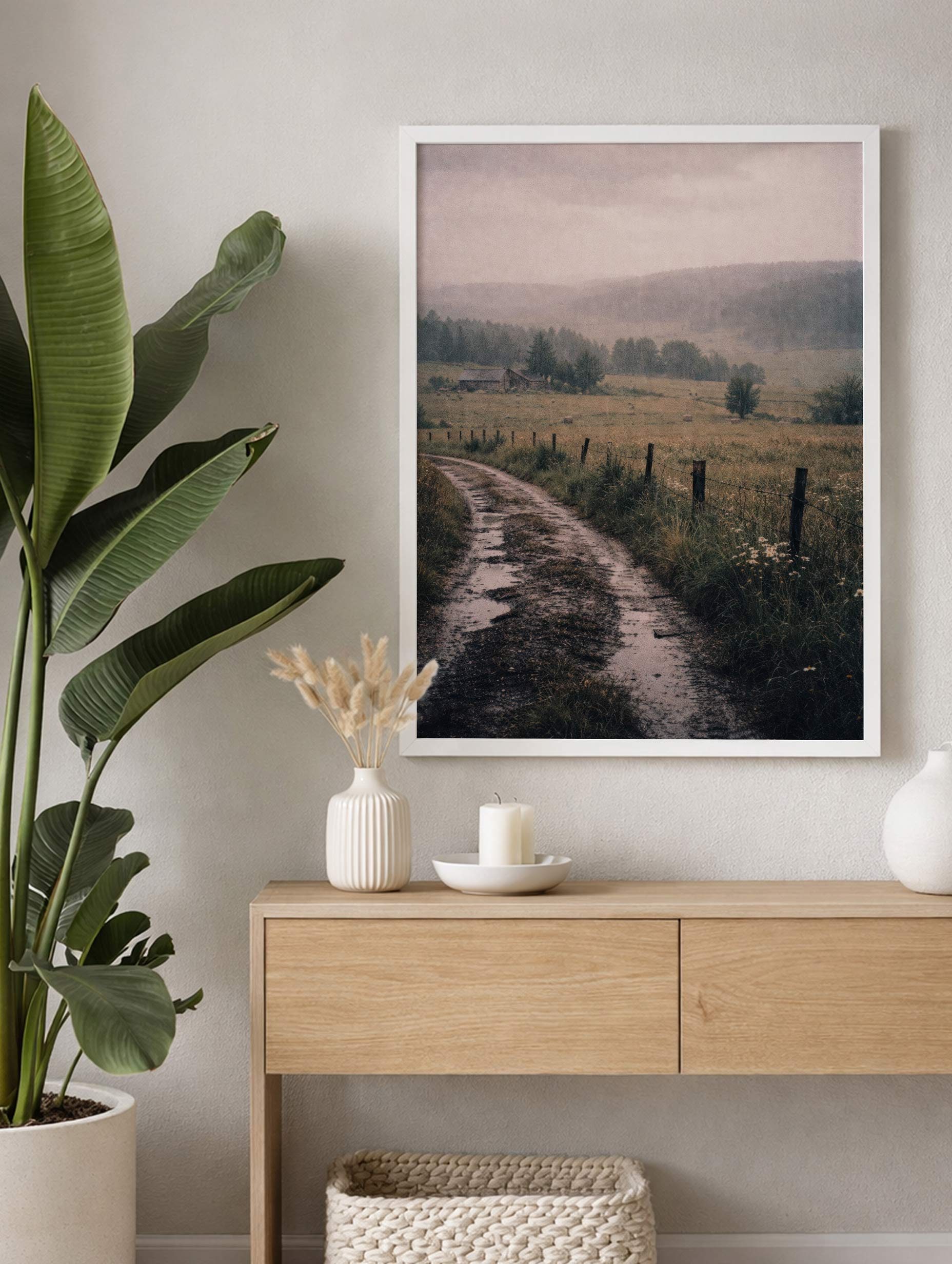 Rustic Path Through Misty Countryside Landscape Wall Art Mockup
