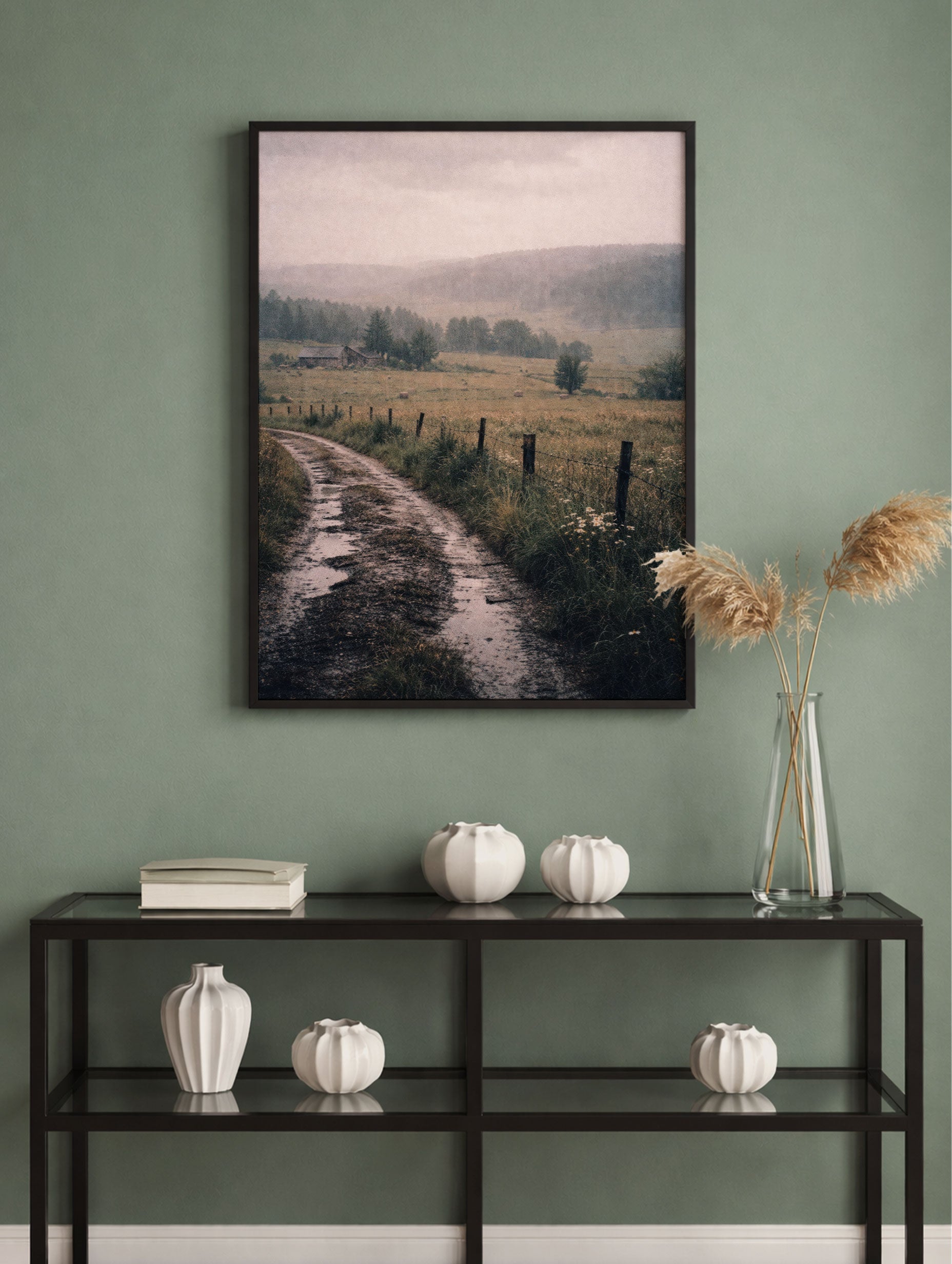 Rustic Path Through Misty Countryside Landscape Wall Art Mockup