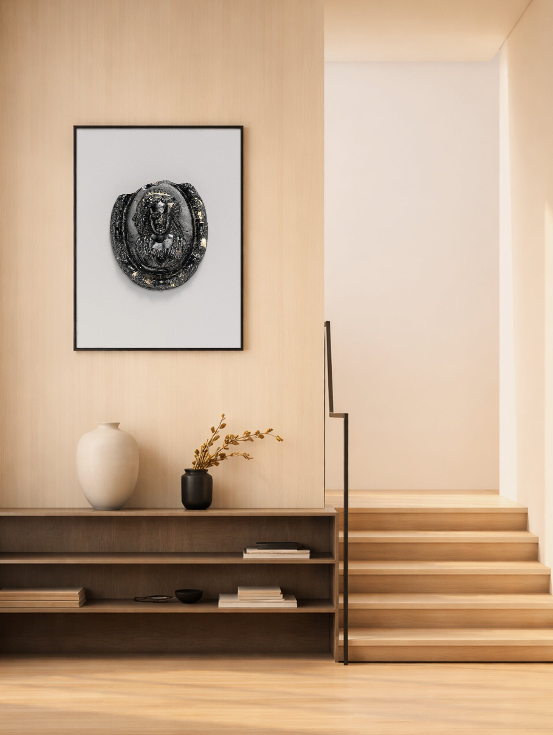 Minimalistisk plakat med glassmedaljong med byste av en gudinne