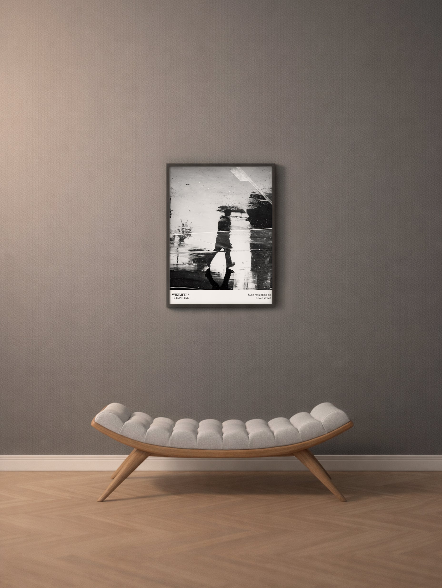 Man Reflection on a Wet Street Black & White Photography Poster