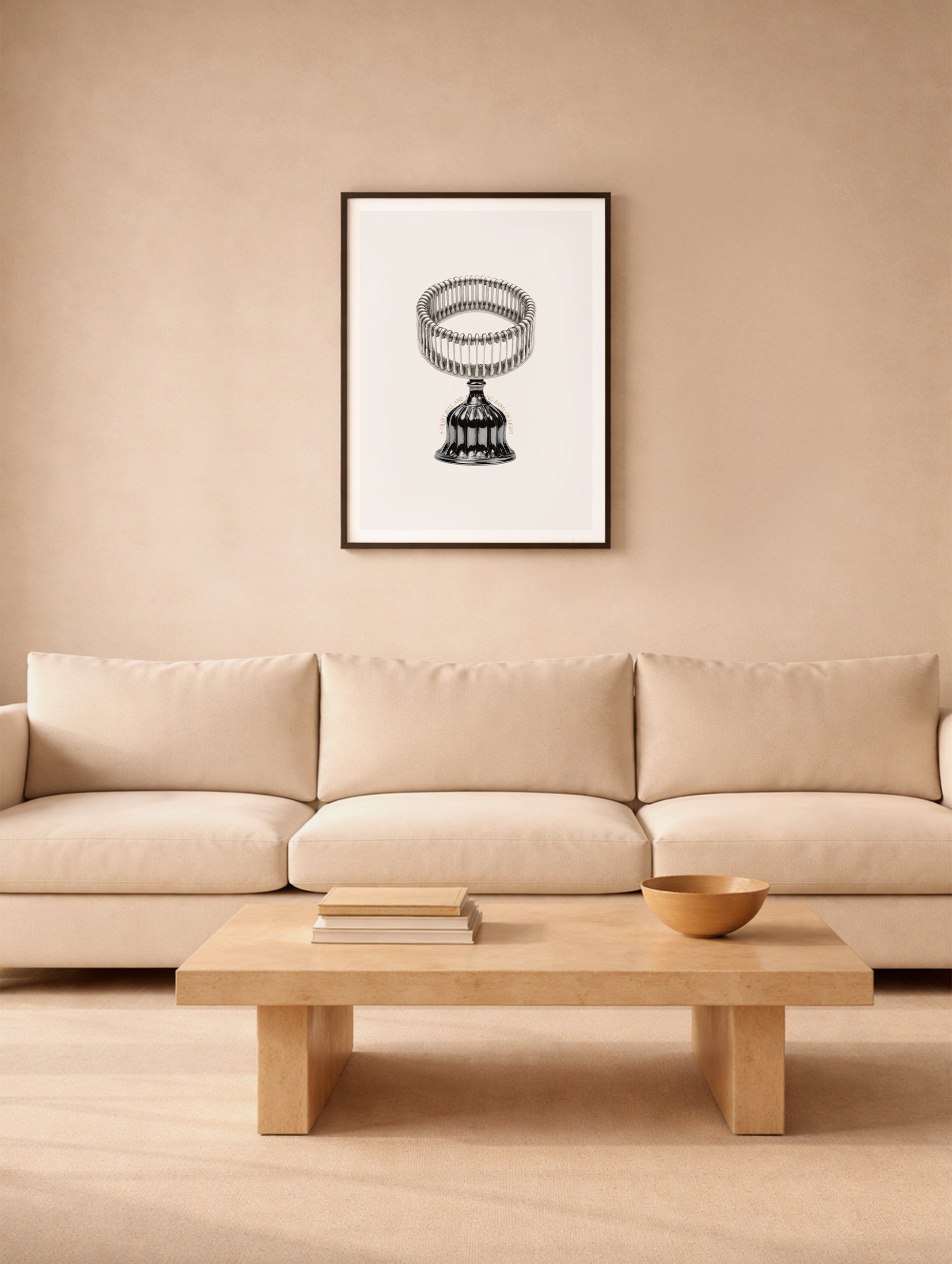 Minimalistisk plakat med en stille klokke og et sirklende lysbånd