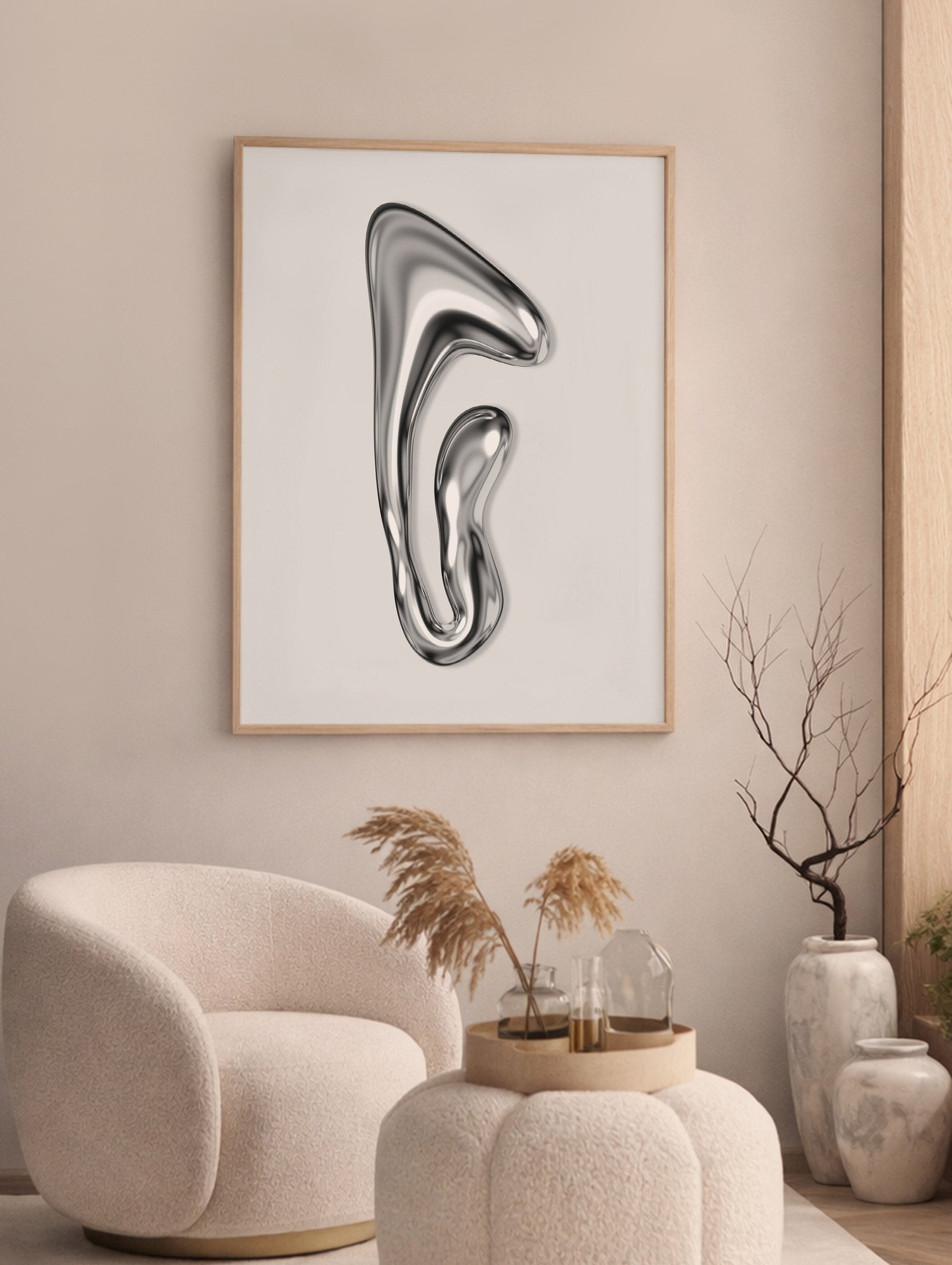 Plakat med metallisk flytende form