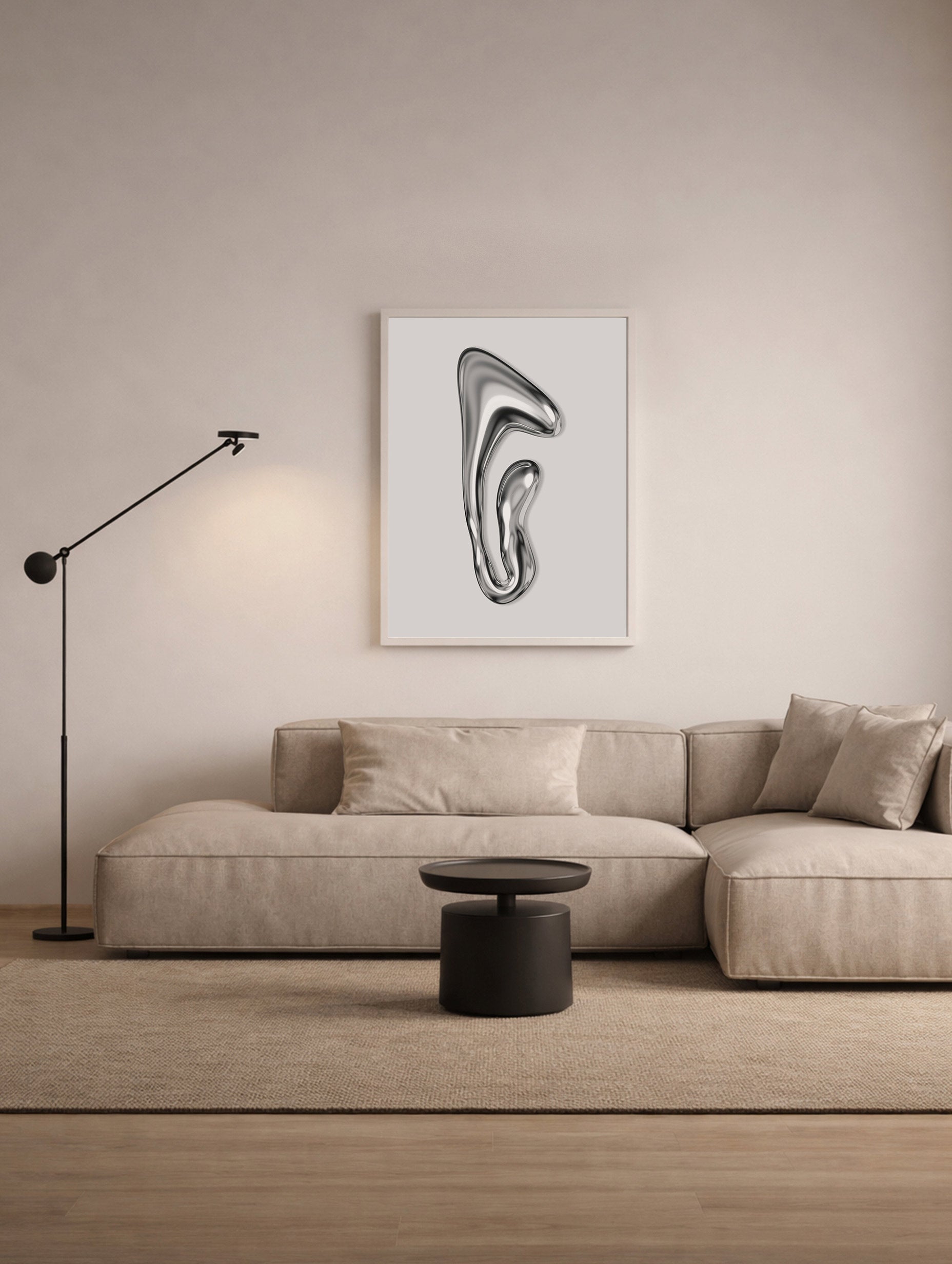 Plakat med metallisk flytende form
