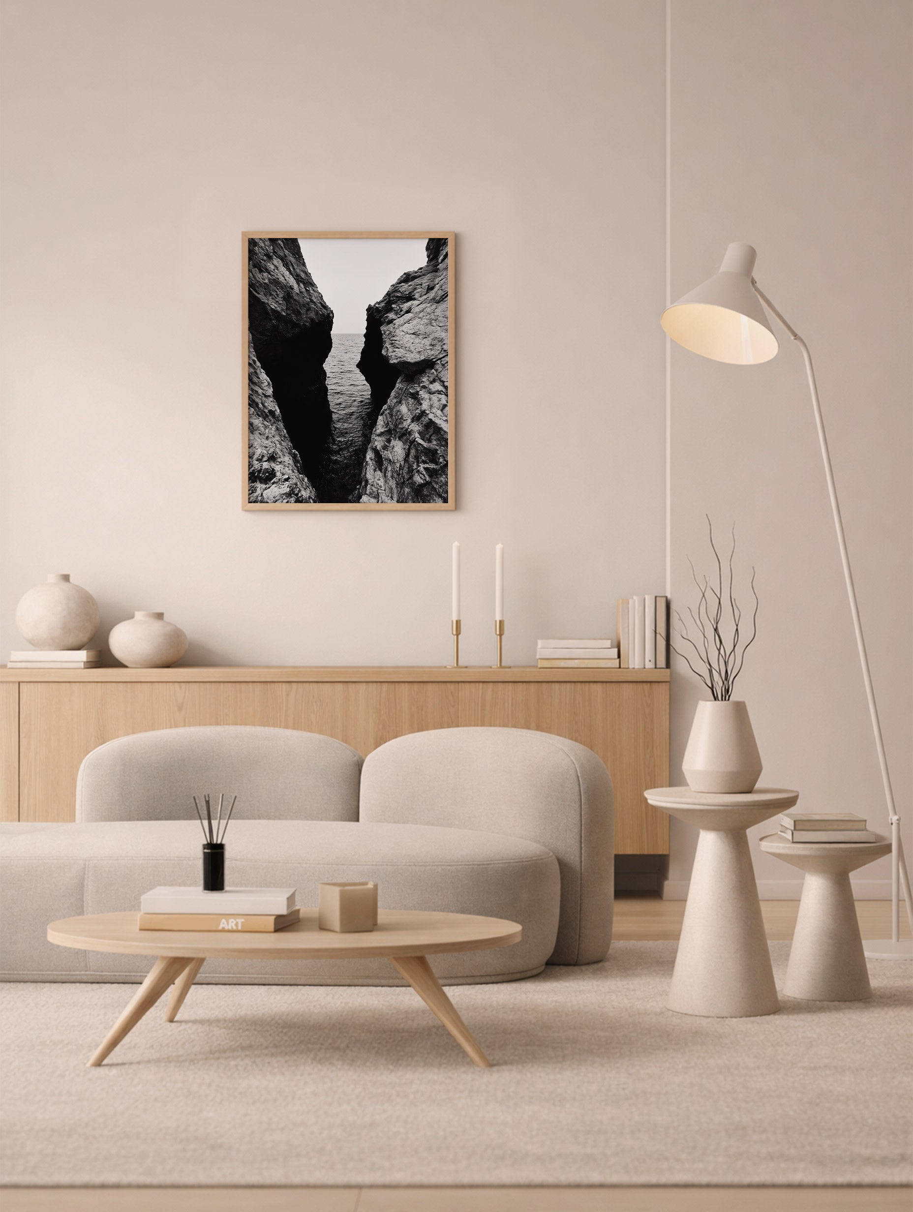 Between the Rocks Black and White Ocean Wall Art Mockup