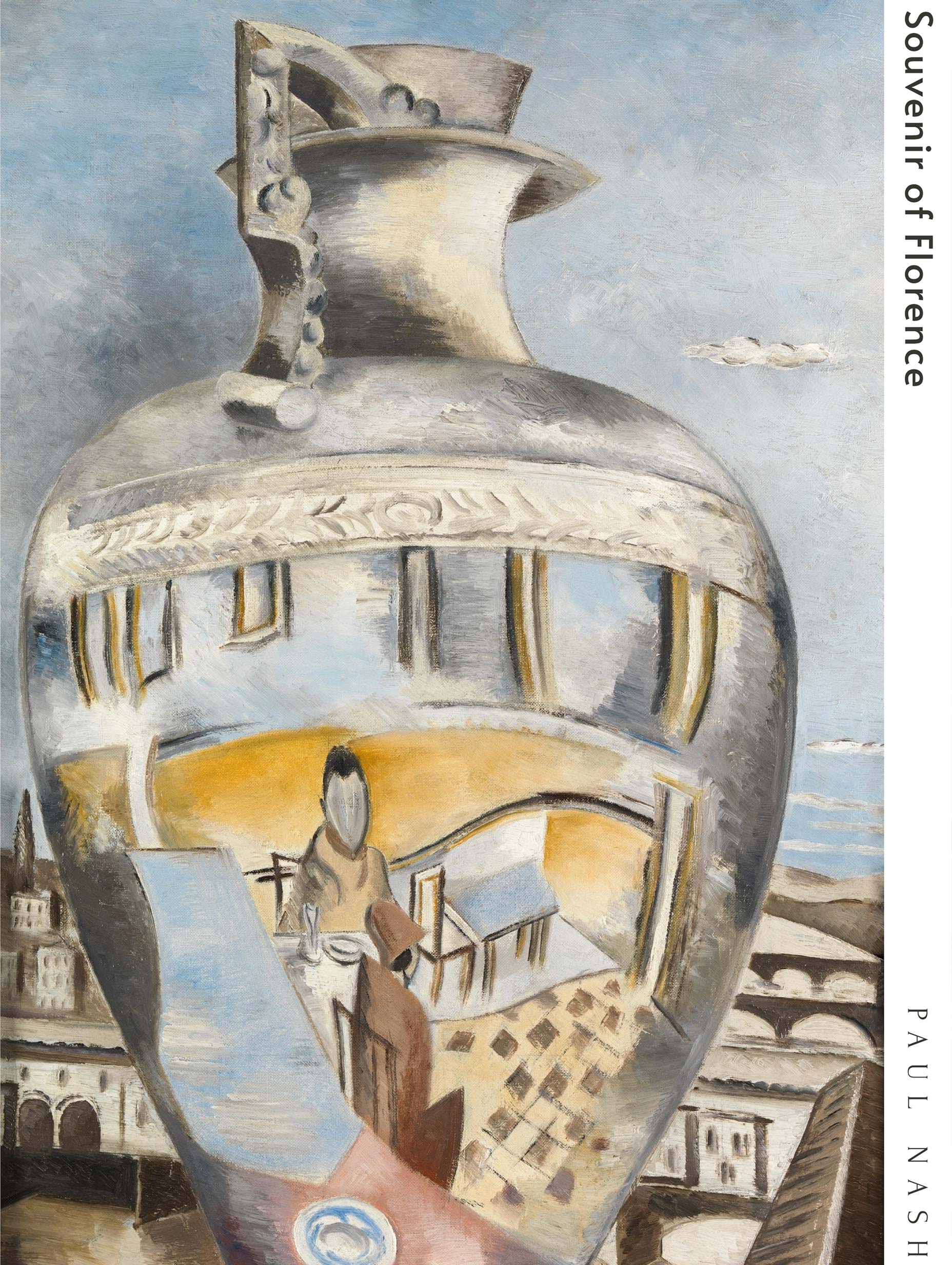 Decorative vase with artistic depiction of a cityscape on a book cover titled 'Souvenir of Florence' by Paul Nash.