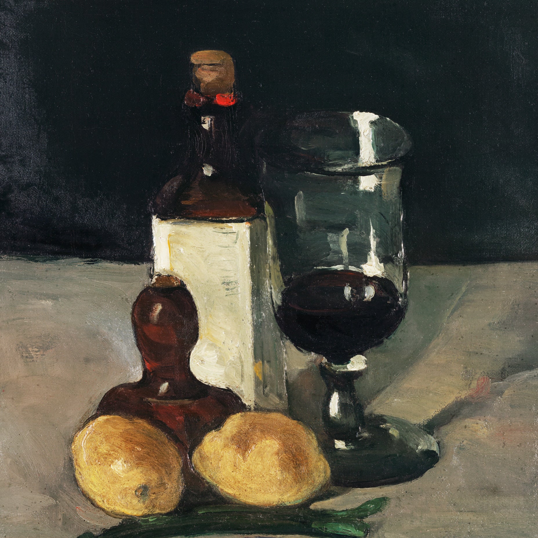 Stilleben med flaske, glass og sitroner Kunsttrykk av Paul Cézanne