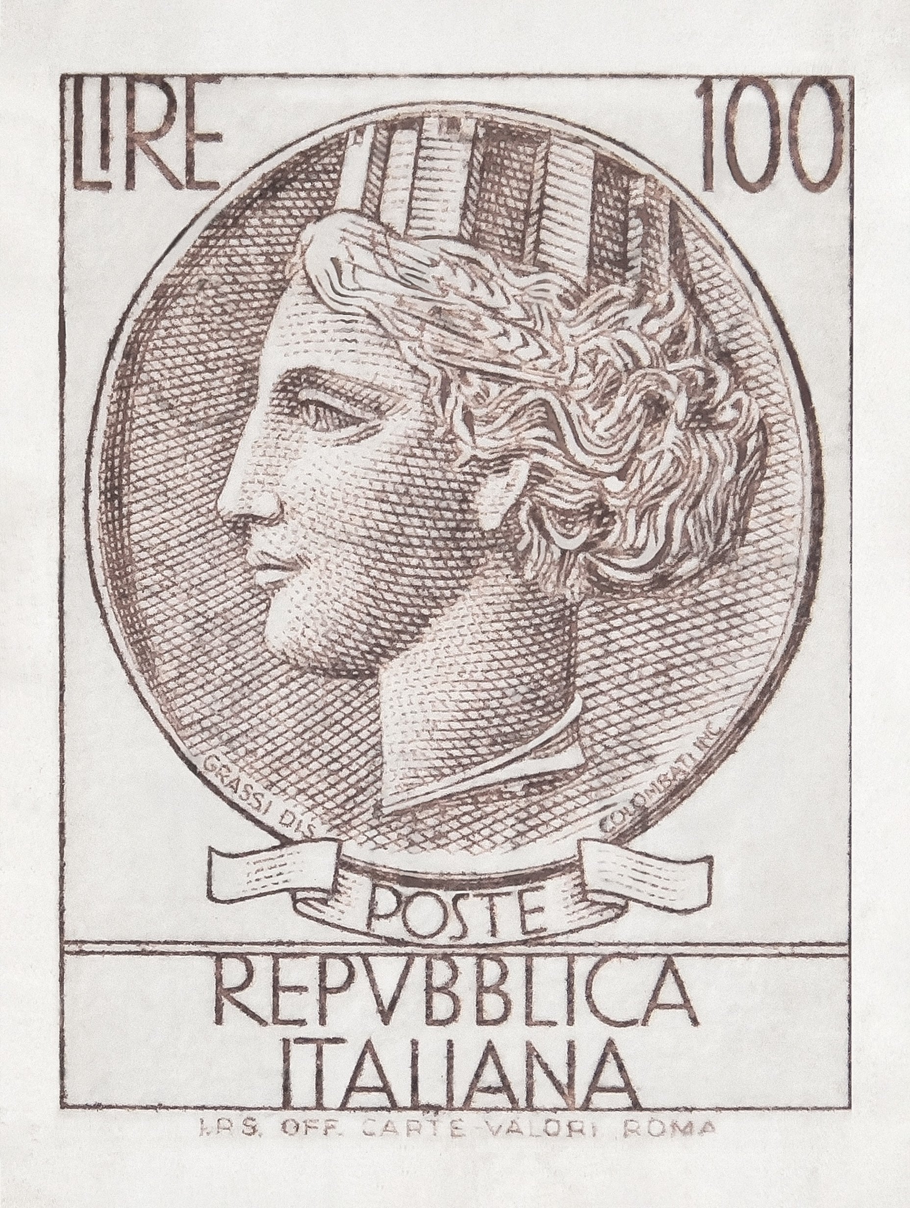 100 Lire Italian Postage Stamp Vintage Poster