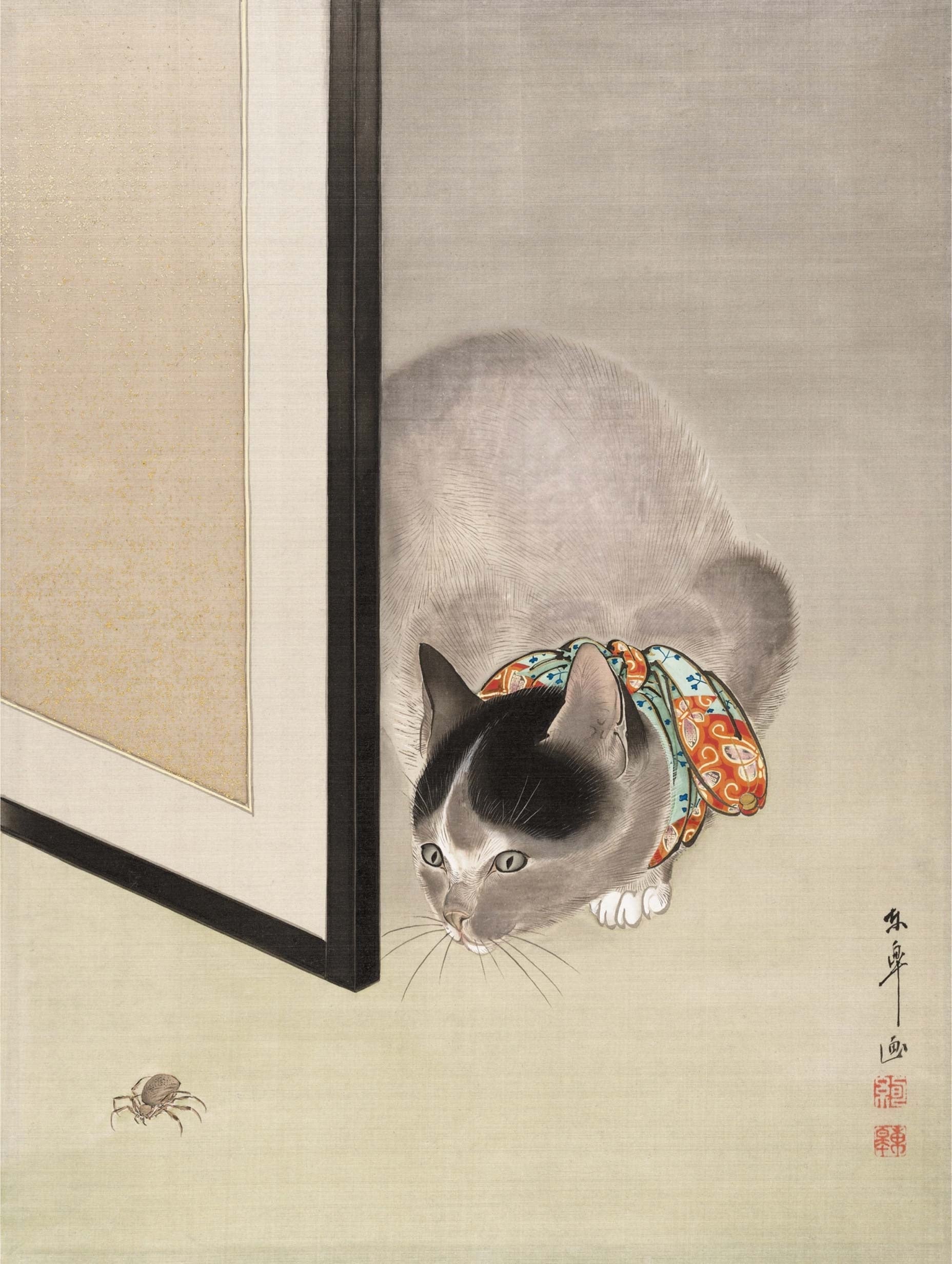Cat Watching a Spider - Ōide Tōkō Art Prints