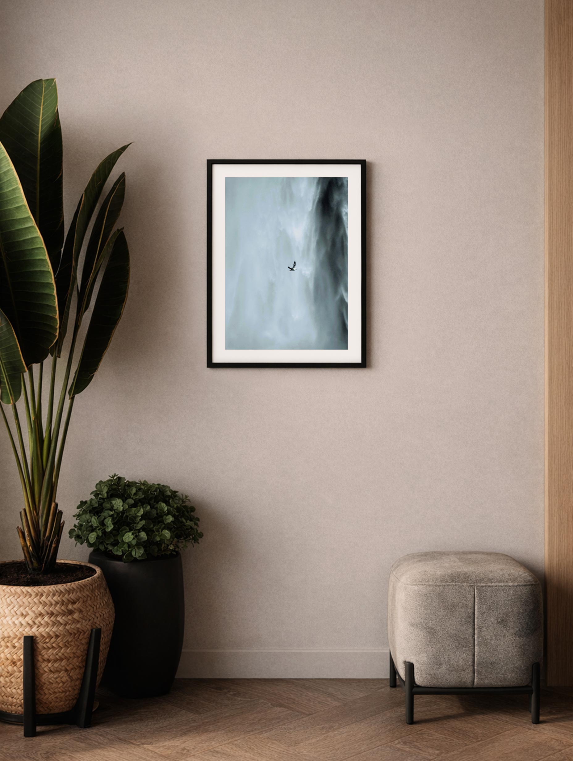 Seagull Flying in Front of a Skógafoss Waterfall Wall Art Mockup