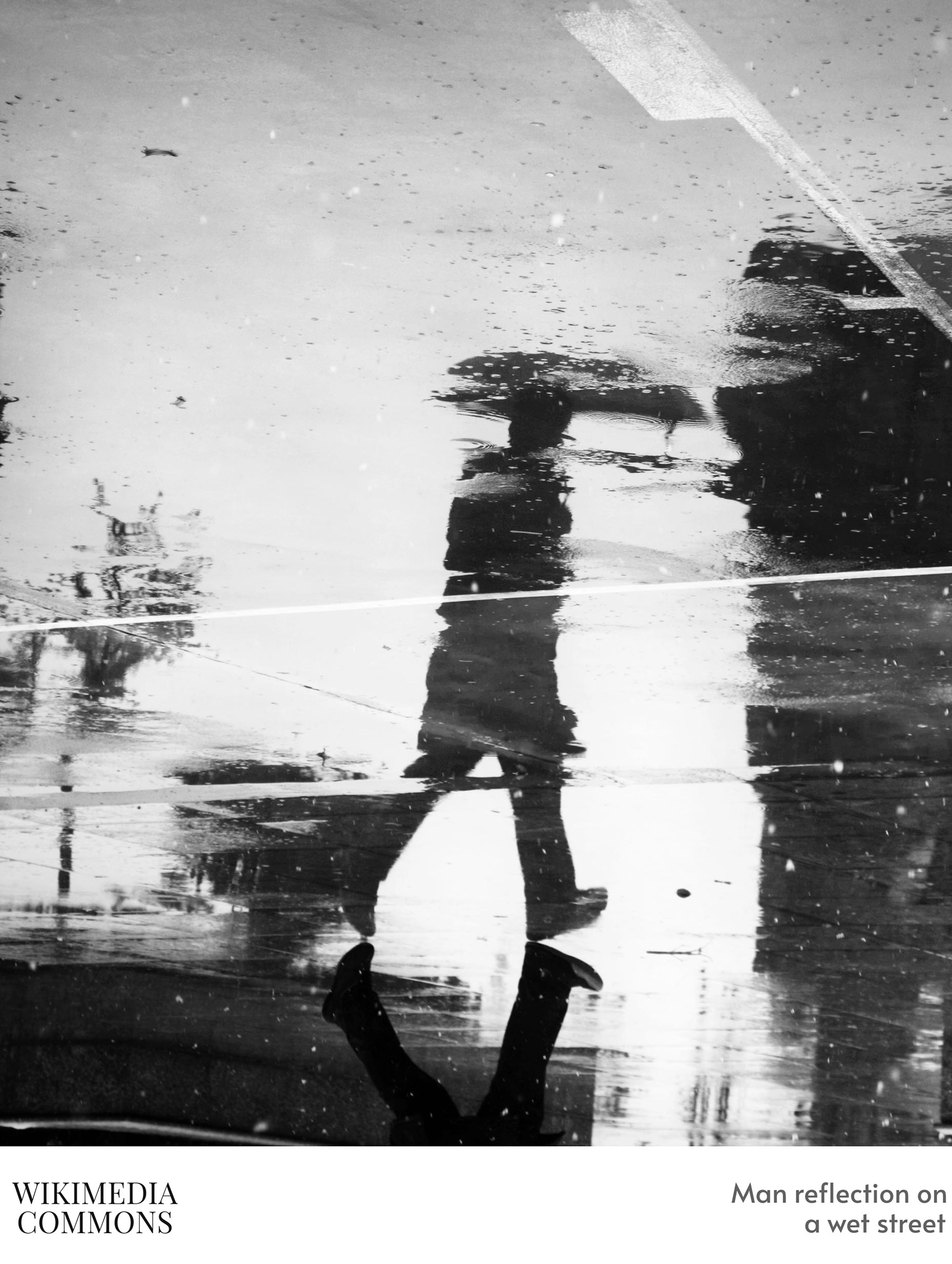 Man Reflection on a Wet Street Black & White Photography Poster