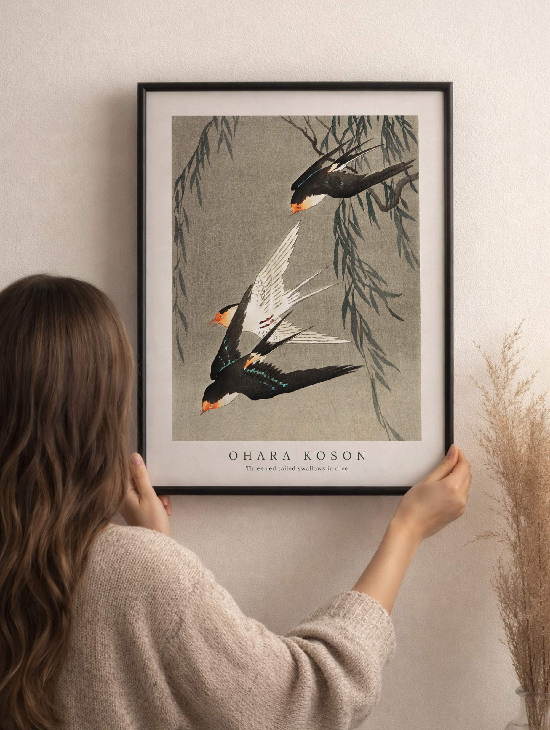 Three red-tailed swallows in dive - Ohara Koson Mockup