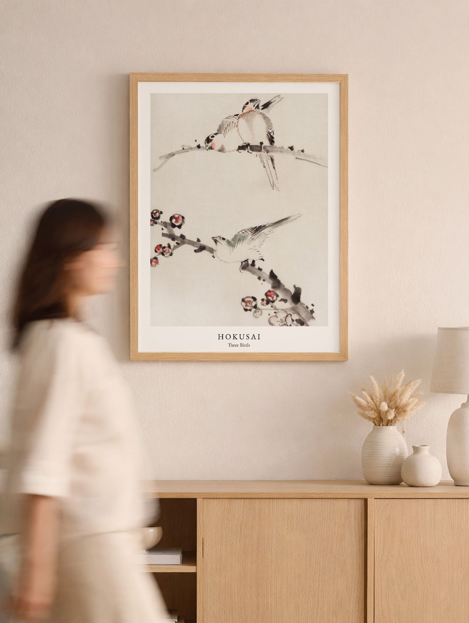 Three Birds Perched on Branches - Katsushika Hokusai