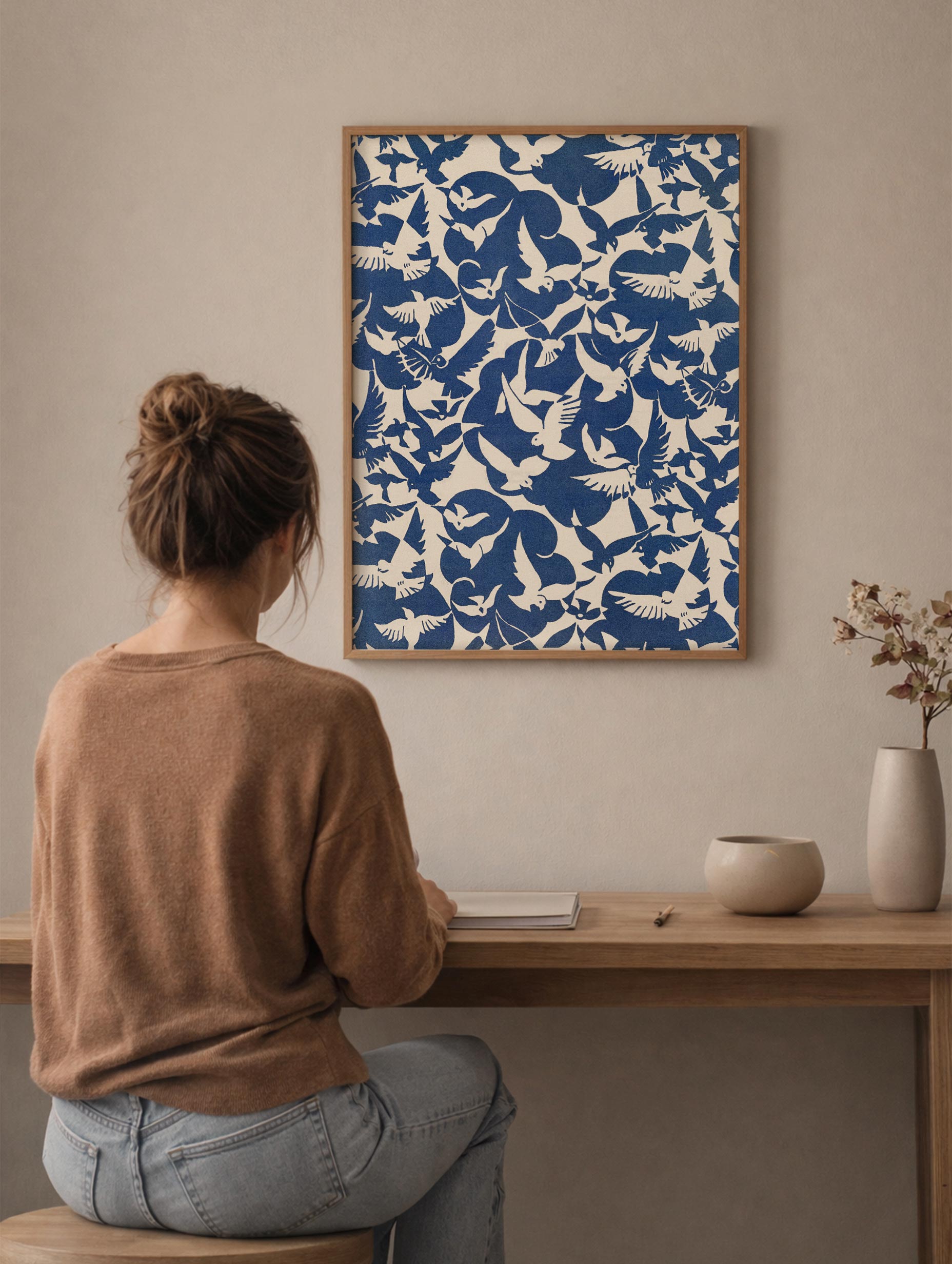 Pigeons in Blue & White Poster Mockup