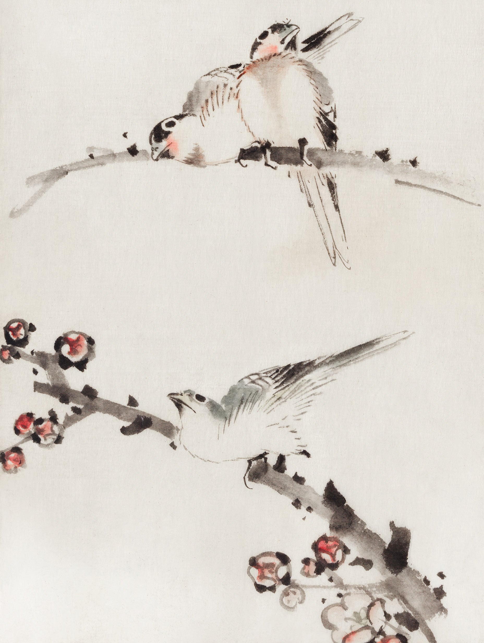 Three Birds Perched on Branches – Katsushika Hokusai