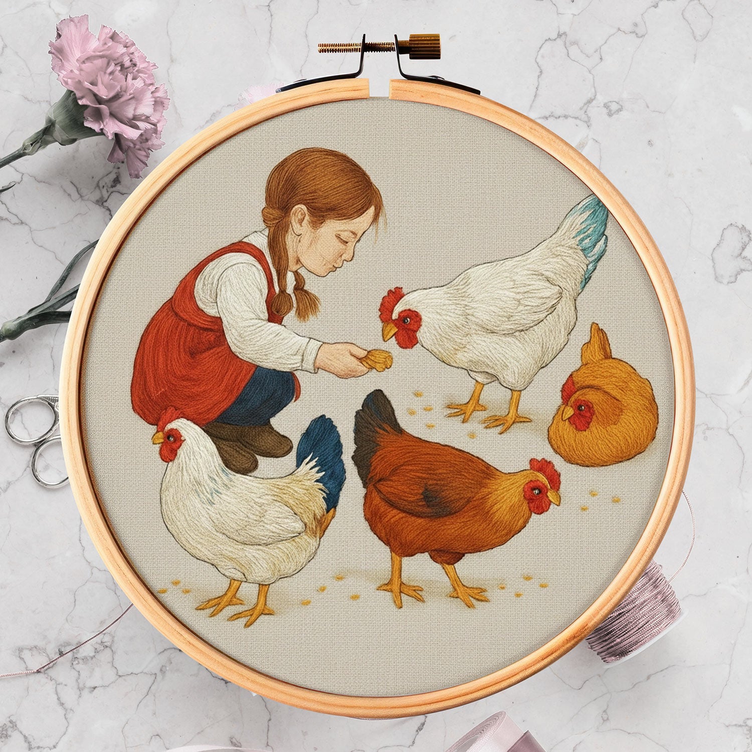 Feeding Chickens Embroidery Design