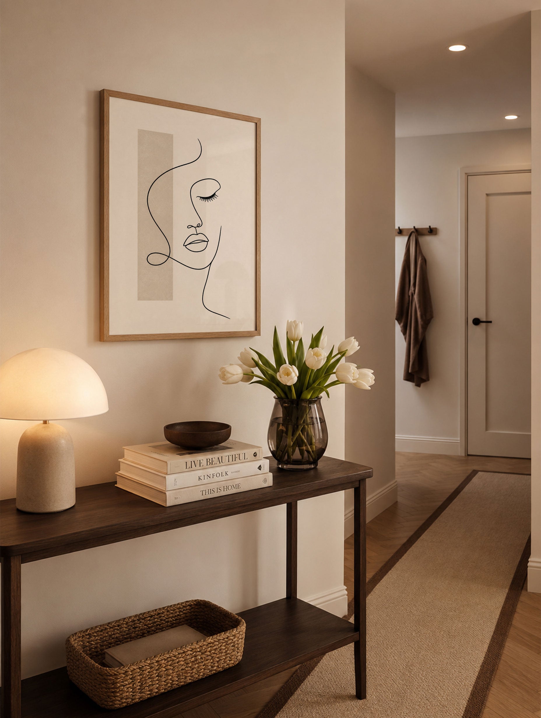 Minimal Face Line Art on Warm Beige