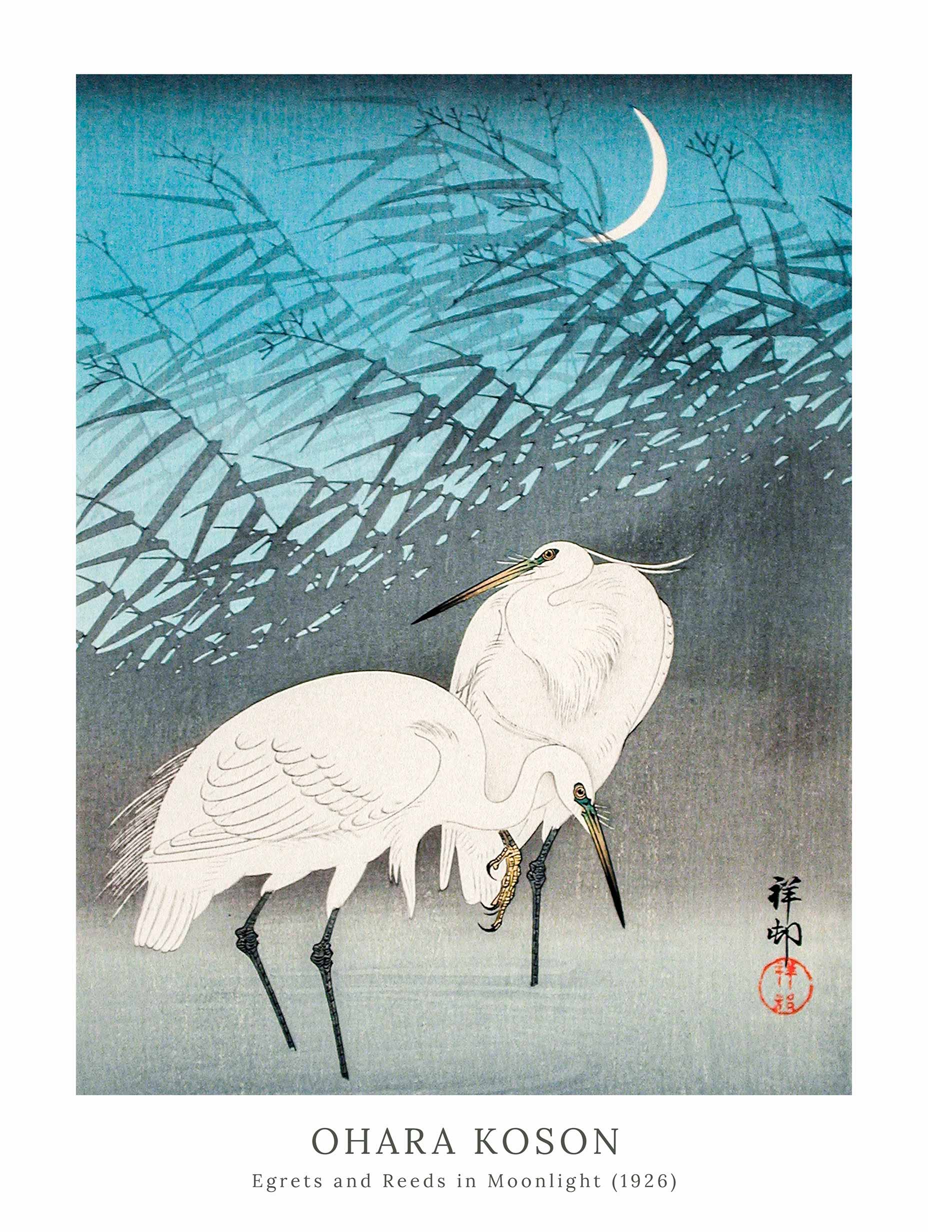 Egrets and Reeds in Moonlight - Ohara Koson
