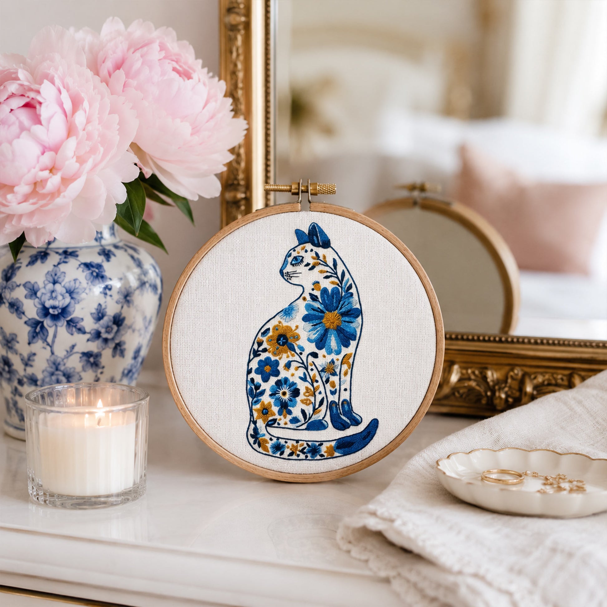 Floral Cat Embroidery Design
