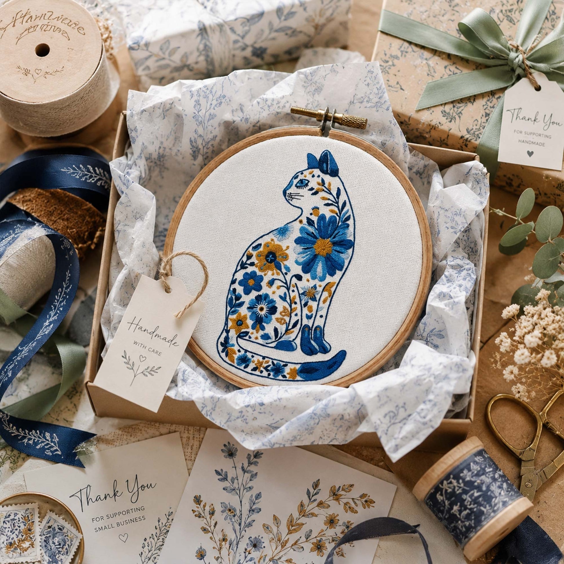 Floral Cat Embroidery Design