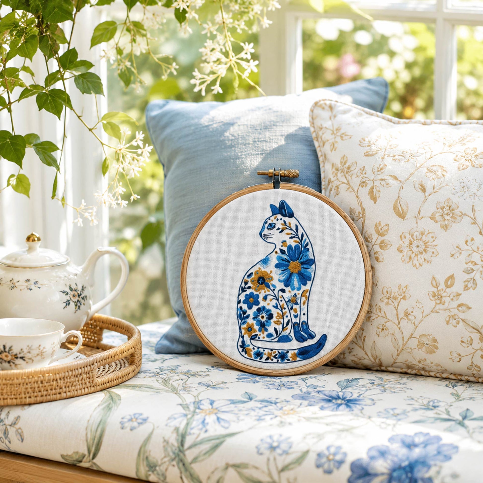 Floral Cat Embroidery Design