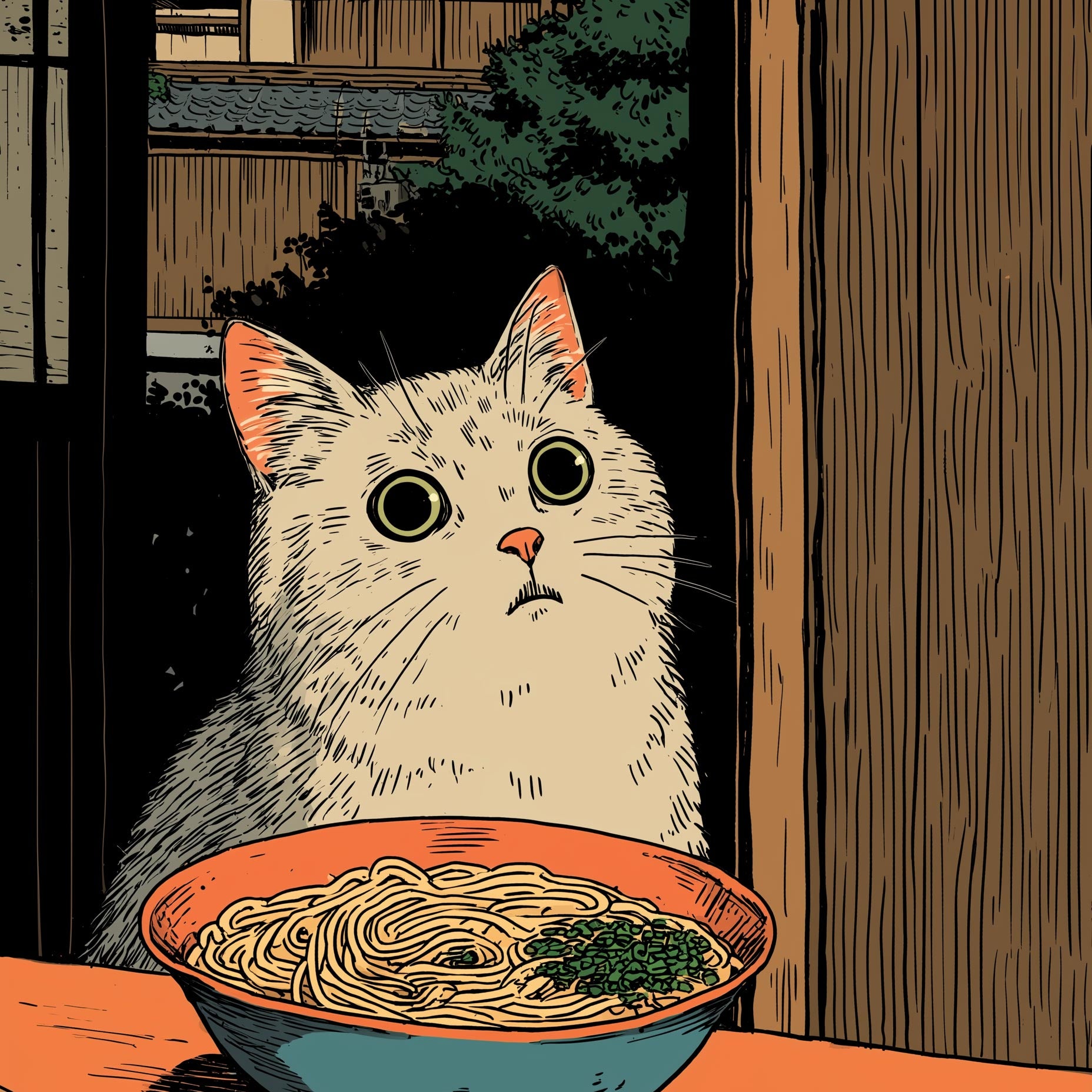 Illustrasjonsplakat med katt og ramen