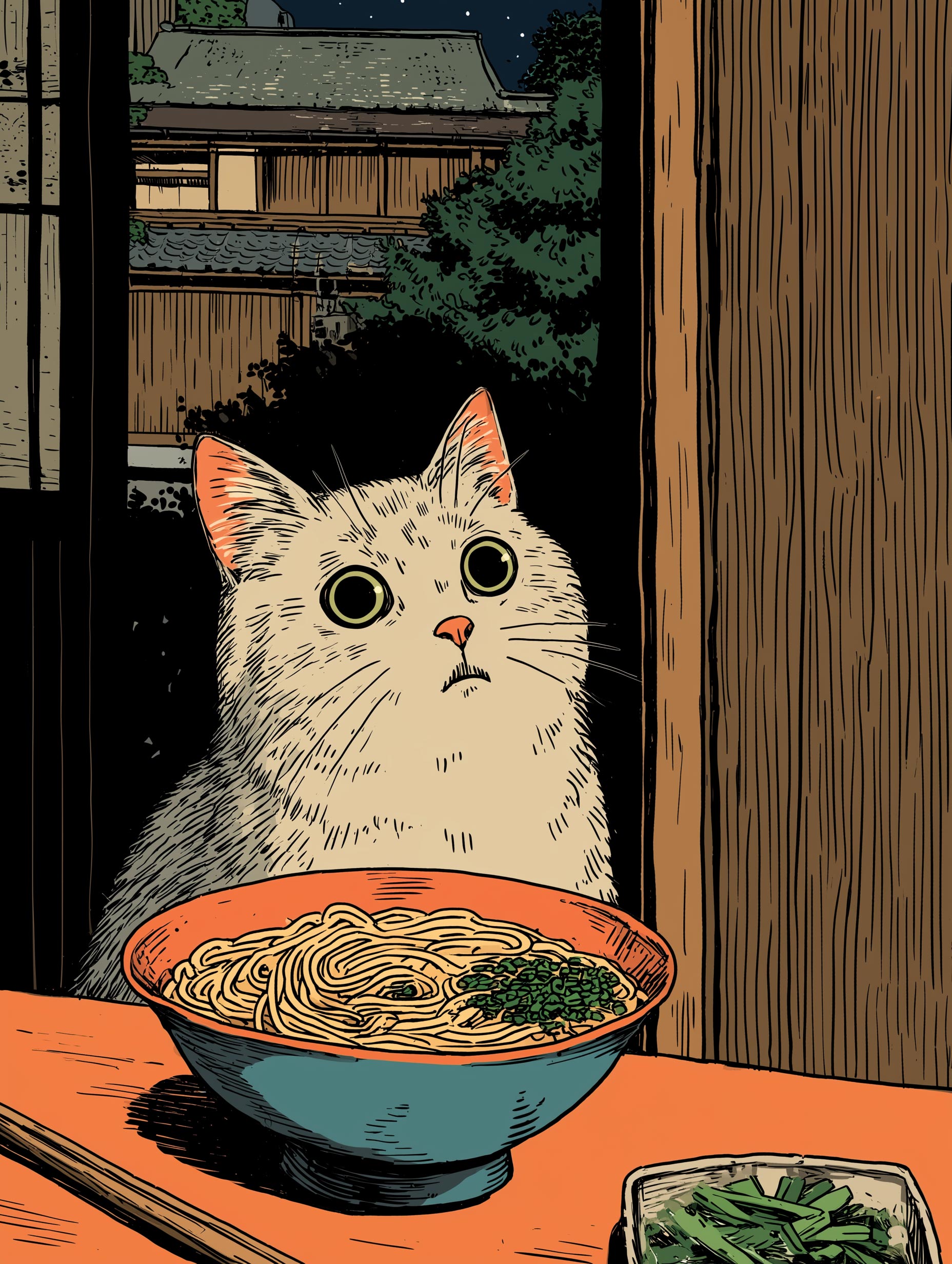 Illustrasjonsplakat med katt og ramen