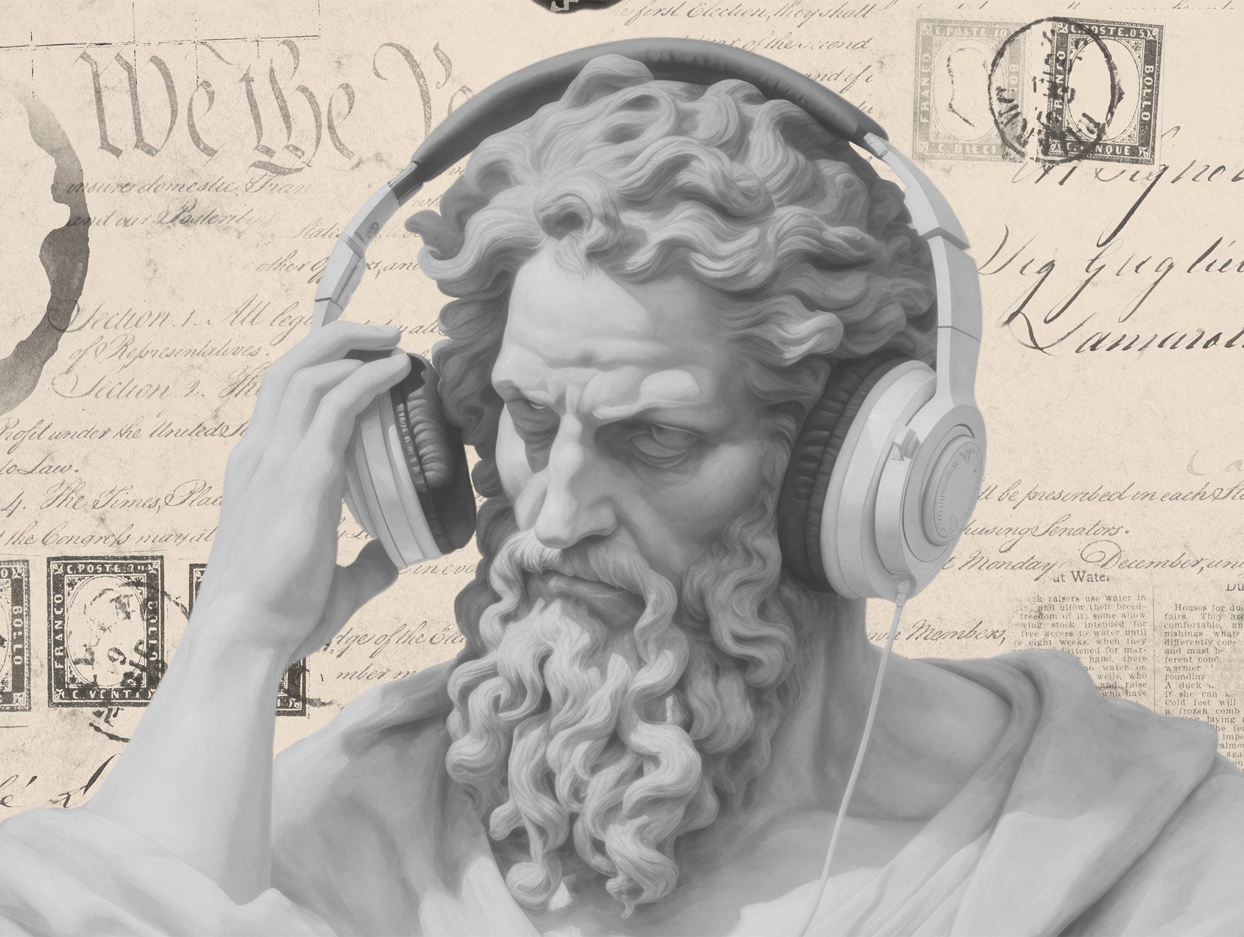 Classical statue with headphones Vintage Poster