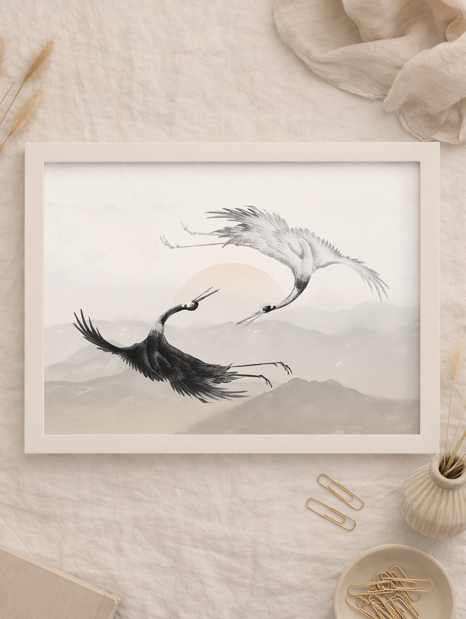 Cranes Japanese Art Print Mockup