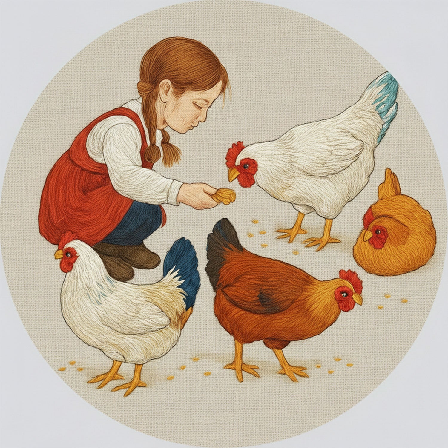 Girl Feeding Chickens Catherine Kolomán Embroidery Design for Wall Art