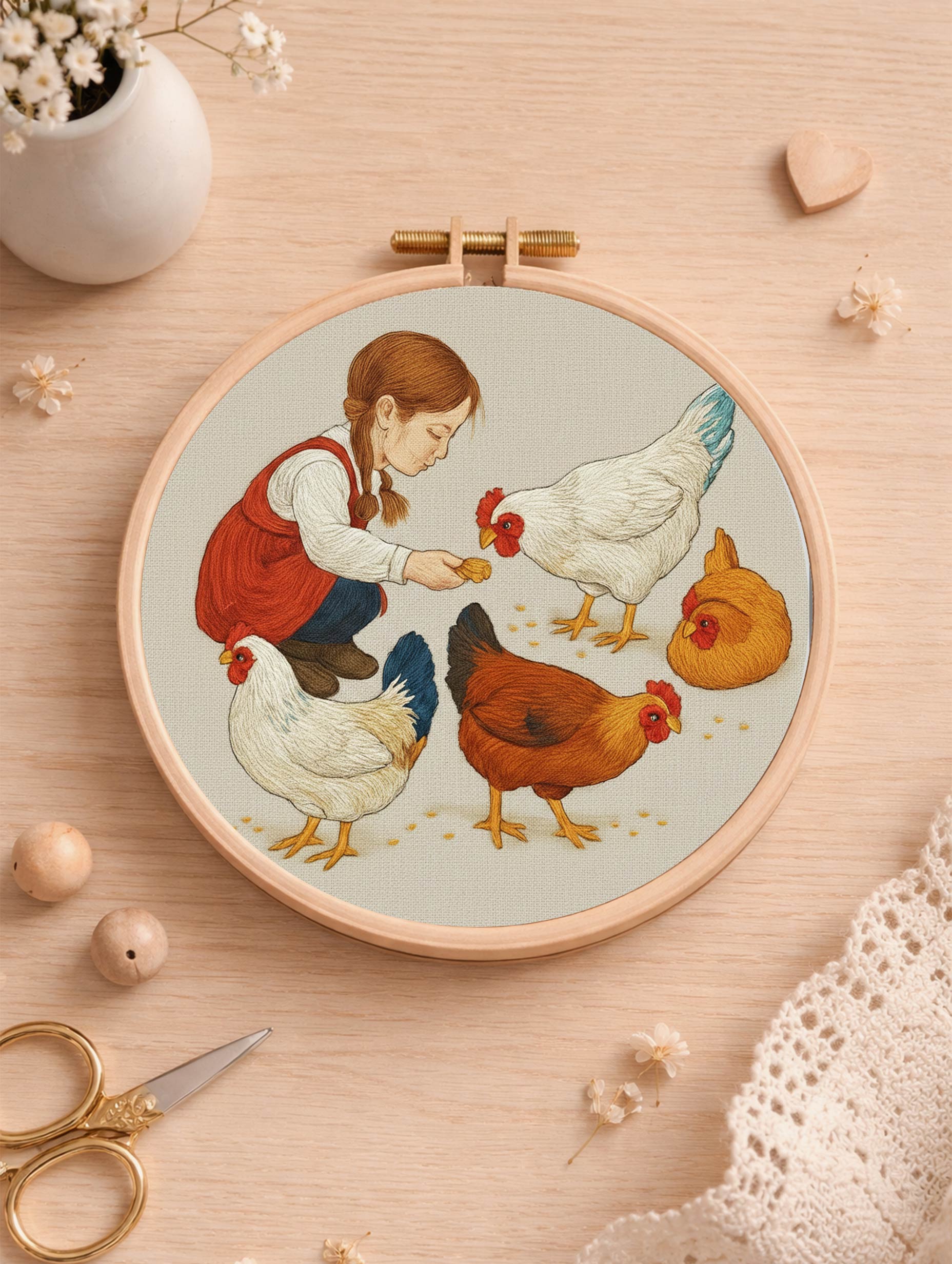 Girl Feeding Chickens Catherine Kolomán Embroidery Design for Wall Art