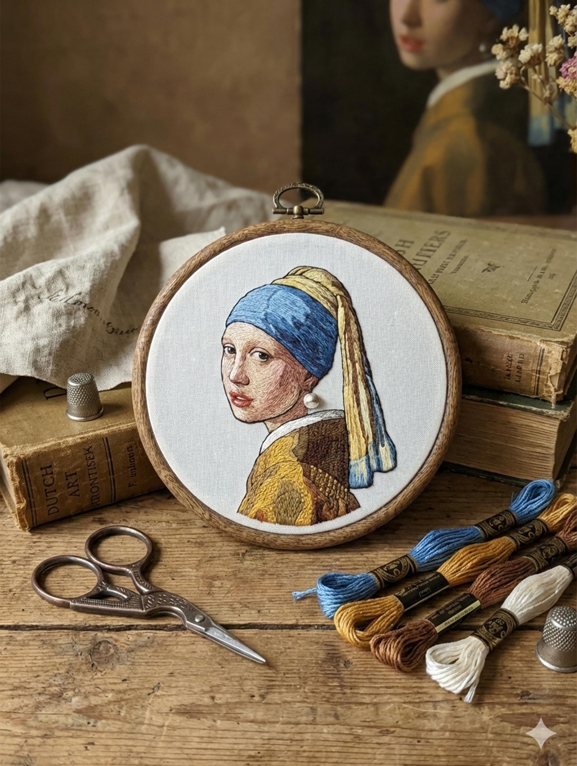 Girl with a Pearl Earring Premium Embroidery Design for Wall Art Mockup