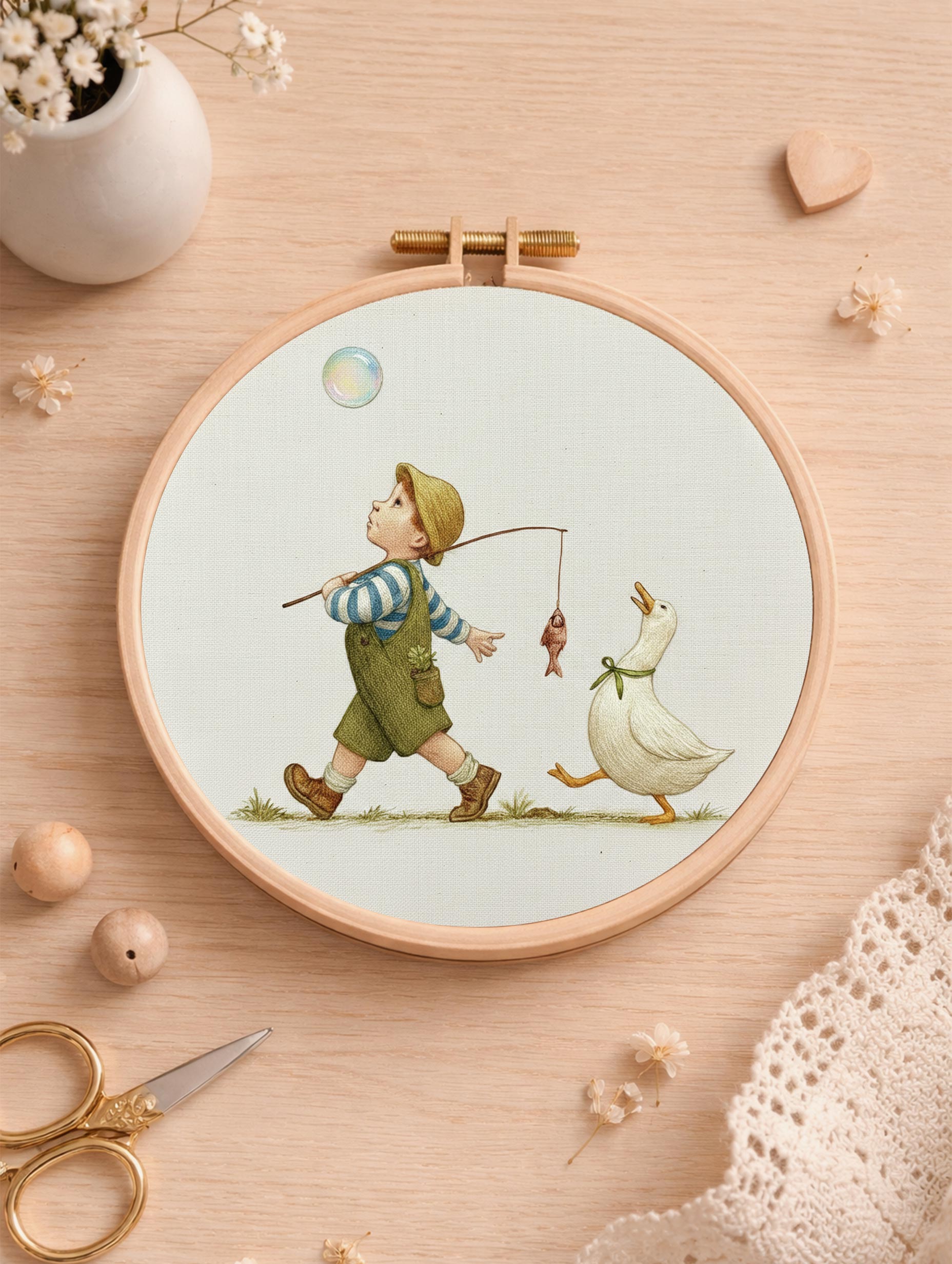 Little Fisher & Duck Premium Embroidery Design for Wall Art