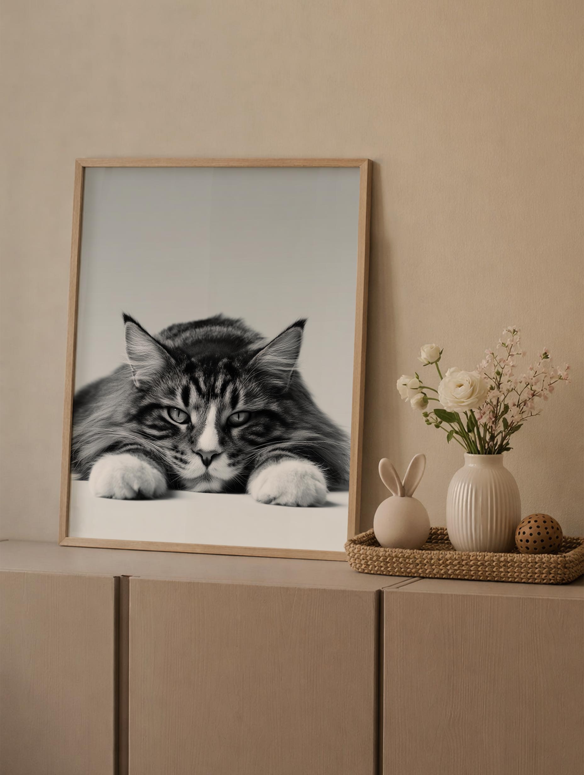 Maine Coon Cat Black and White Poster Mockup