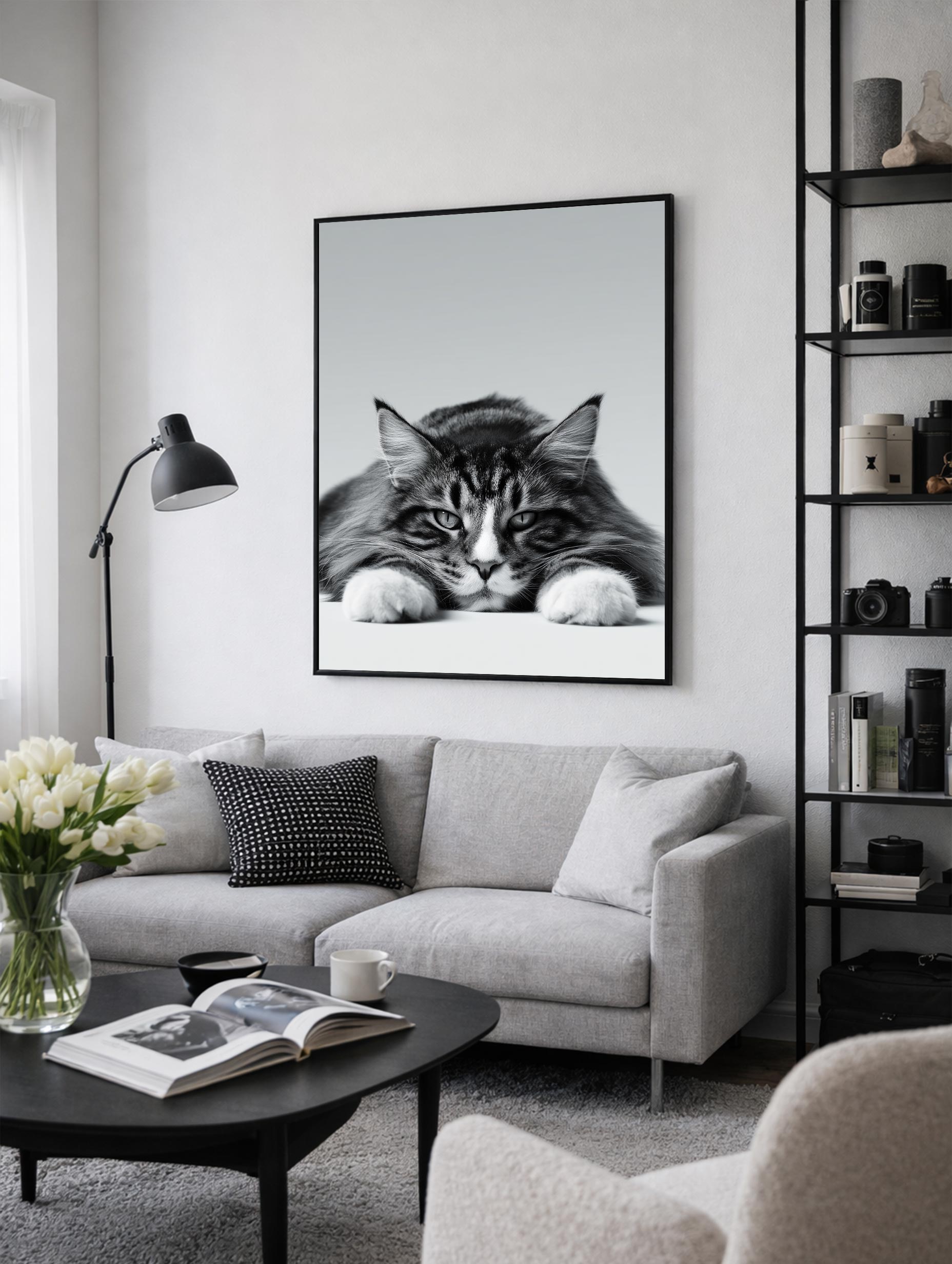 Maine Coon Cat Black and White Poster Mockup