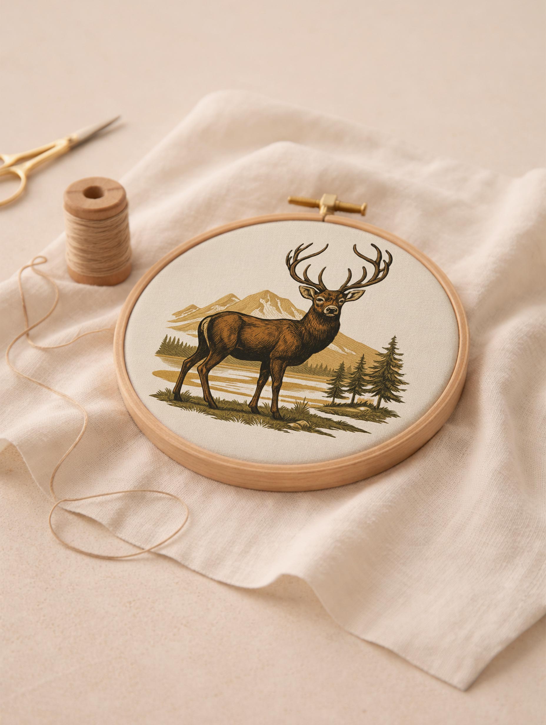 Majestic Deer Mountain Premium Embroidery Design for Wall Art Mockup