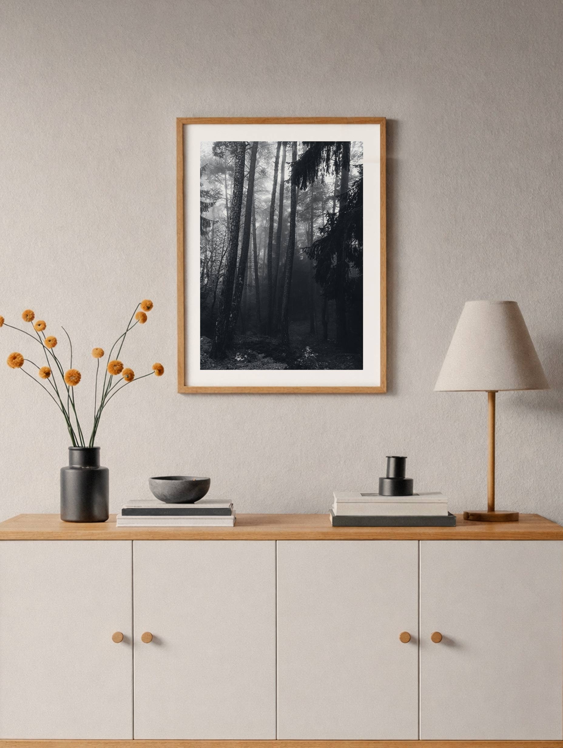 Misty Pine Forest Black and White Poster Mockup