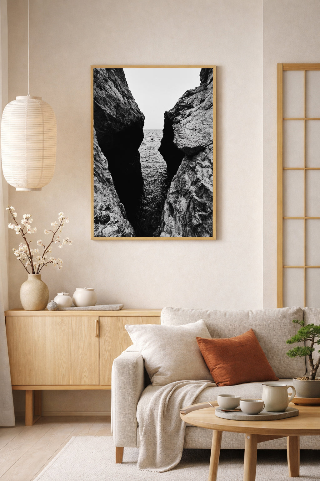Between the Rocks Black and White Ocean Wall Art