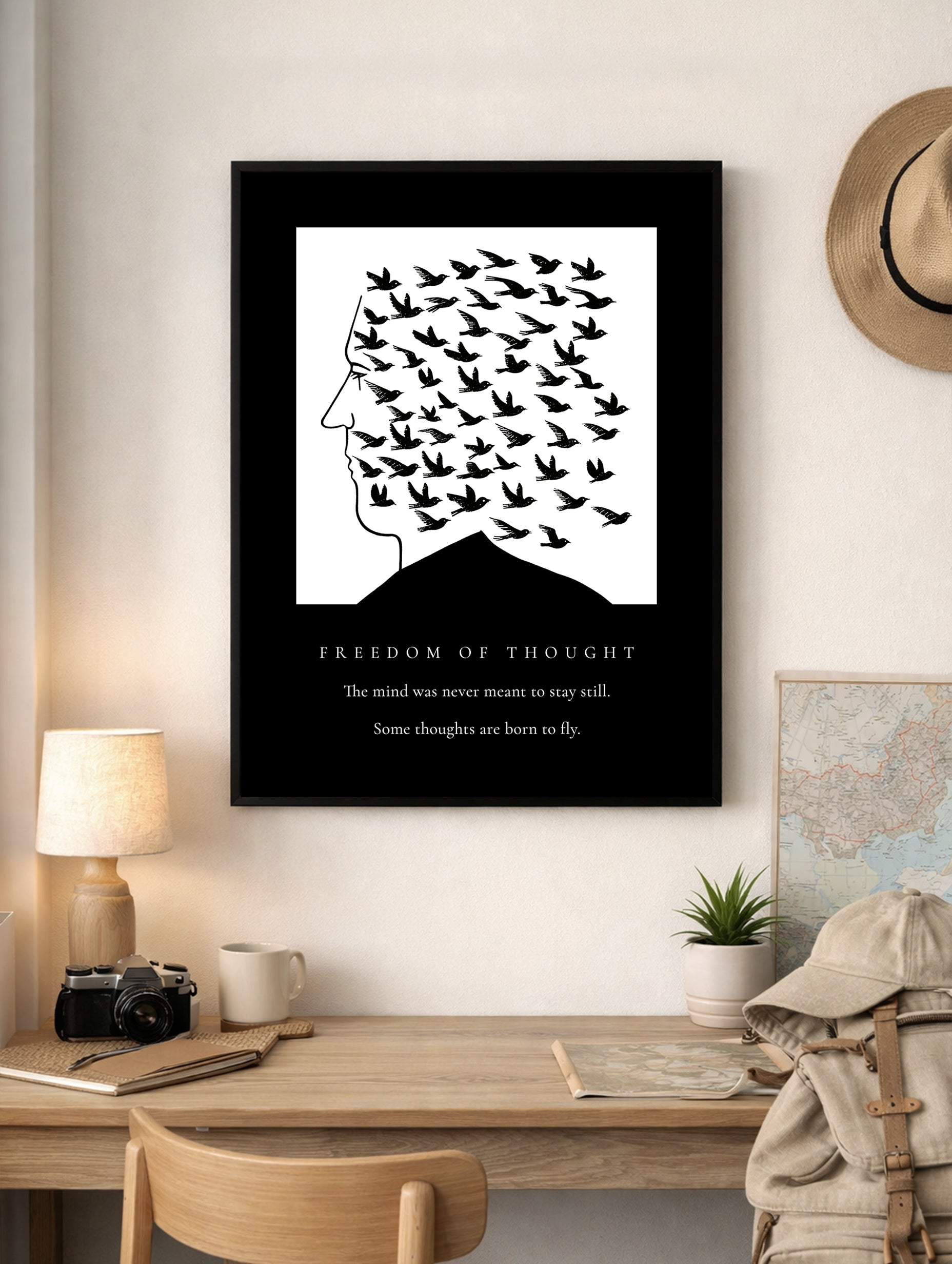 Tankefrihet i svart-hvitt-plakat