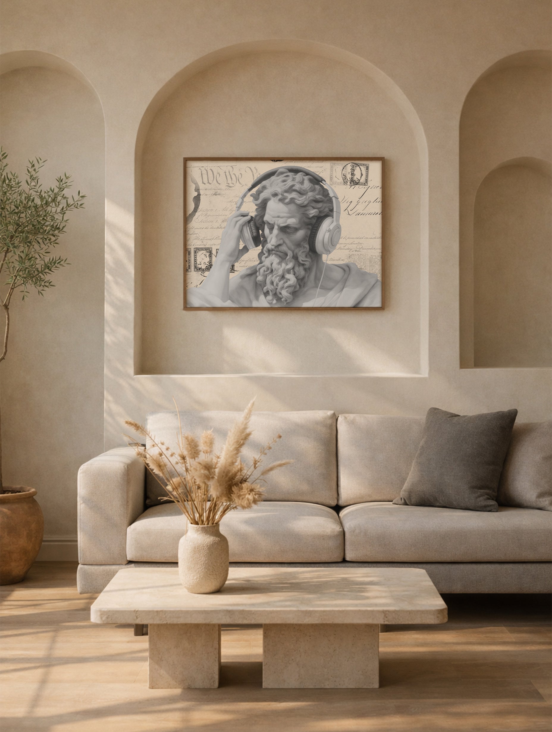 Classical statue with headphones Vintage Poster