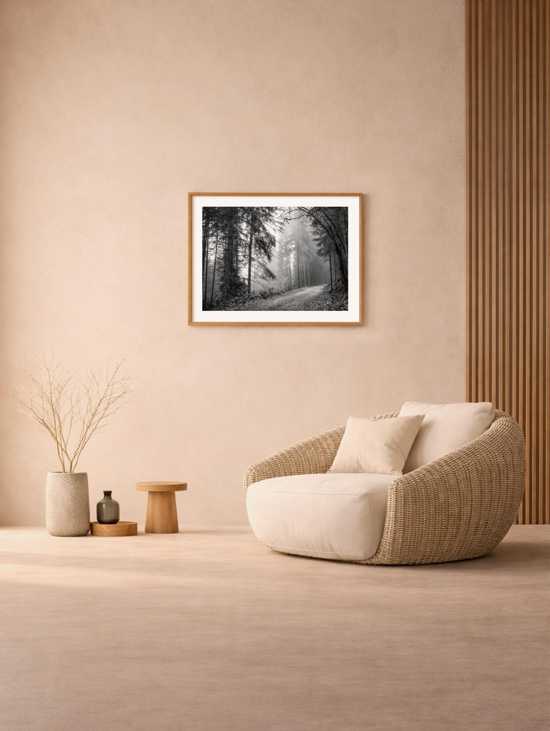 Pathway in a Foggy Woods Black & White Landscape Wall Art Mockup