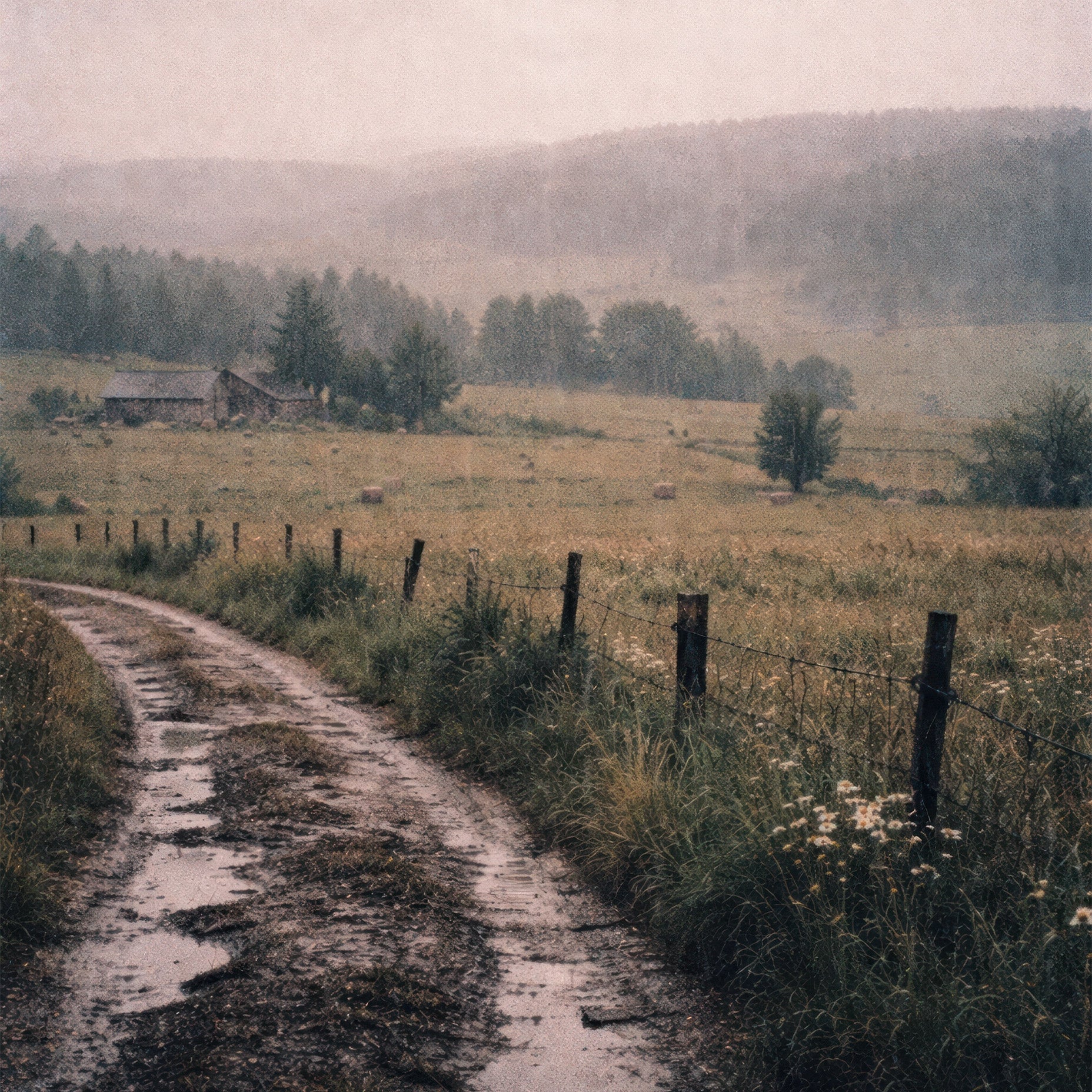 Rustikk sti gjennom tåkete landskap Veggkunst