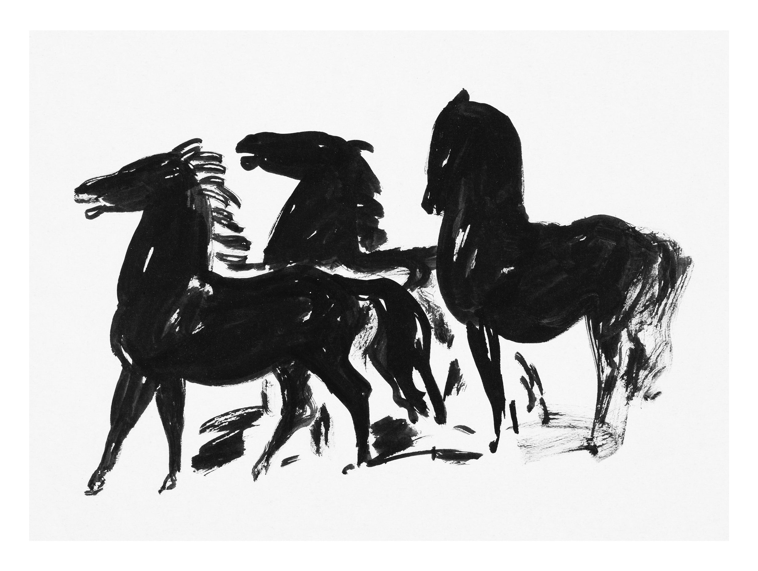 Three Black Horses Standing Looking to the Left Leo Gestel Art Print