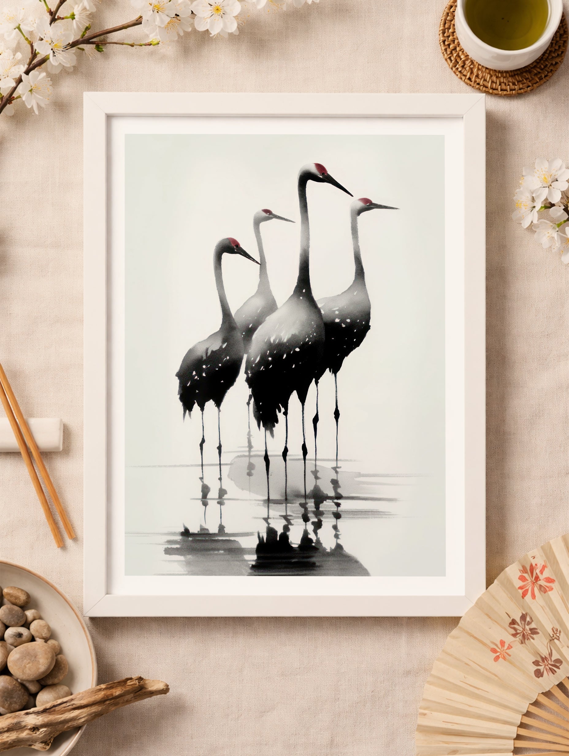 Red-Crowned Cranes Japanese Art Print Mockup
